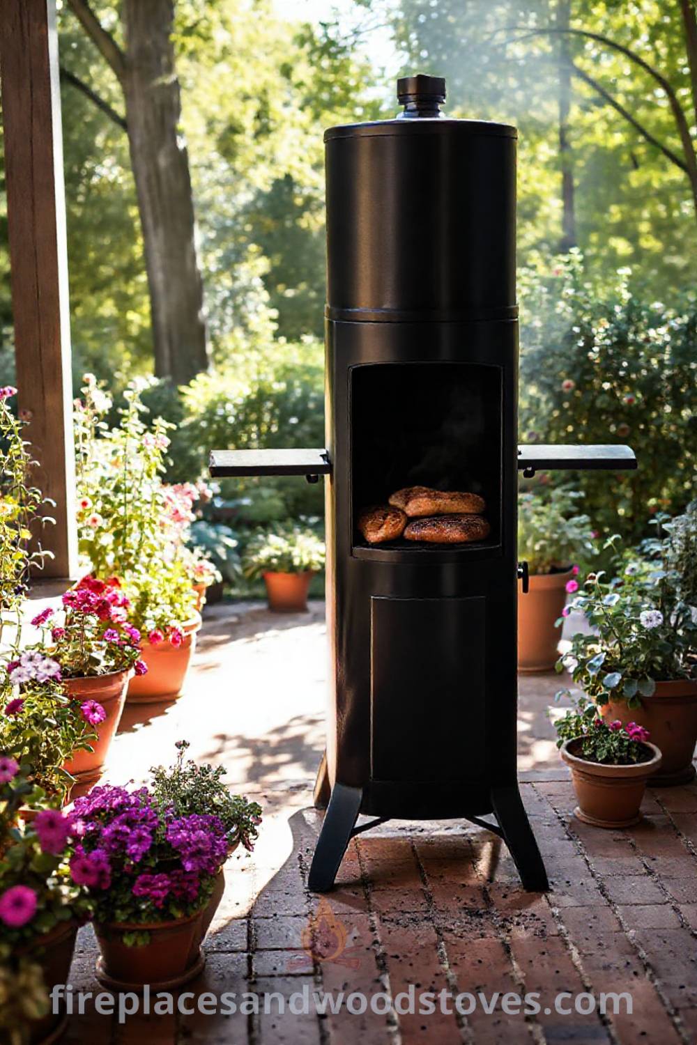 Towering vertical smoker barbecue on a sun-drenched patio surrounded by vibrant potted herbs and blooming flowers, creating a cozy and stylish outdoor space perfect for culinary gatherings. Visit patioandhomefurniture.com for incredible outdoor inspiration.