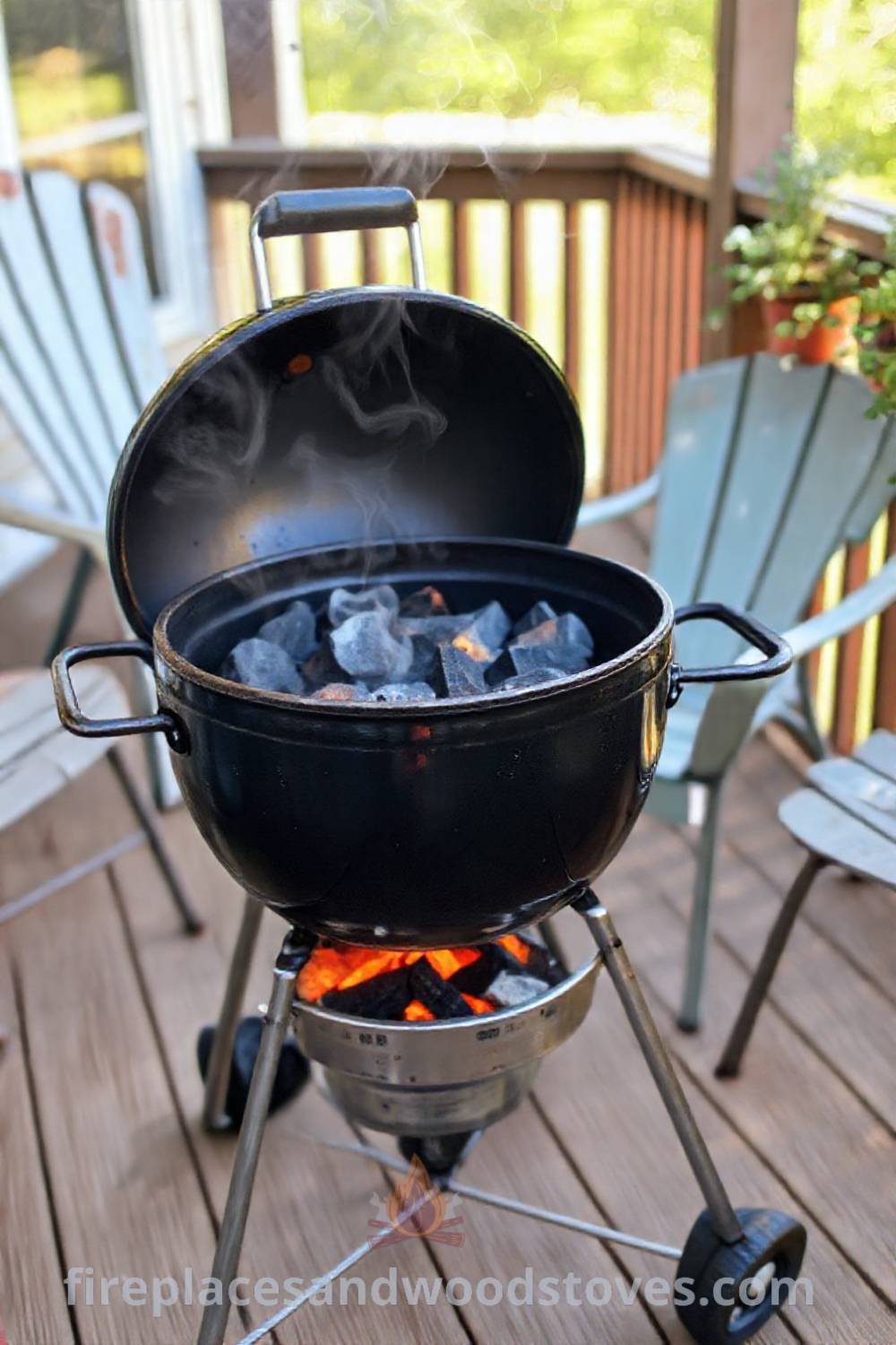 Cozy kettle grill barbecue on a wooden deck with glowing coals and wisps of smoke, surrounded by mismatched patio chairs and potted herbs, creating an inviting summer atmosphere, perfect for friendly gatherings and cookouts. Visit fireplacesandwoodstoves.com for more cozy design ideas.