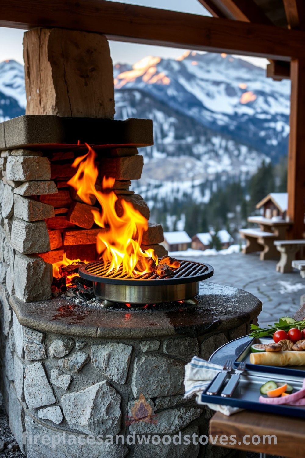 Alpine lodge outdoor barbecue scene featuring a stone hearth with flickering flames, smooth grill, rustic wooden tables filled with fresh ingredients, all set in a cozy mountain backdrop, creating inviting decor ideas and inspirations for your home. Visit fireplacesandwoodstoves.com.