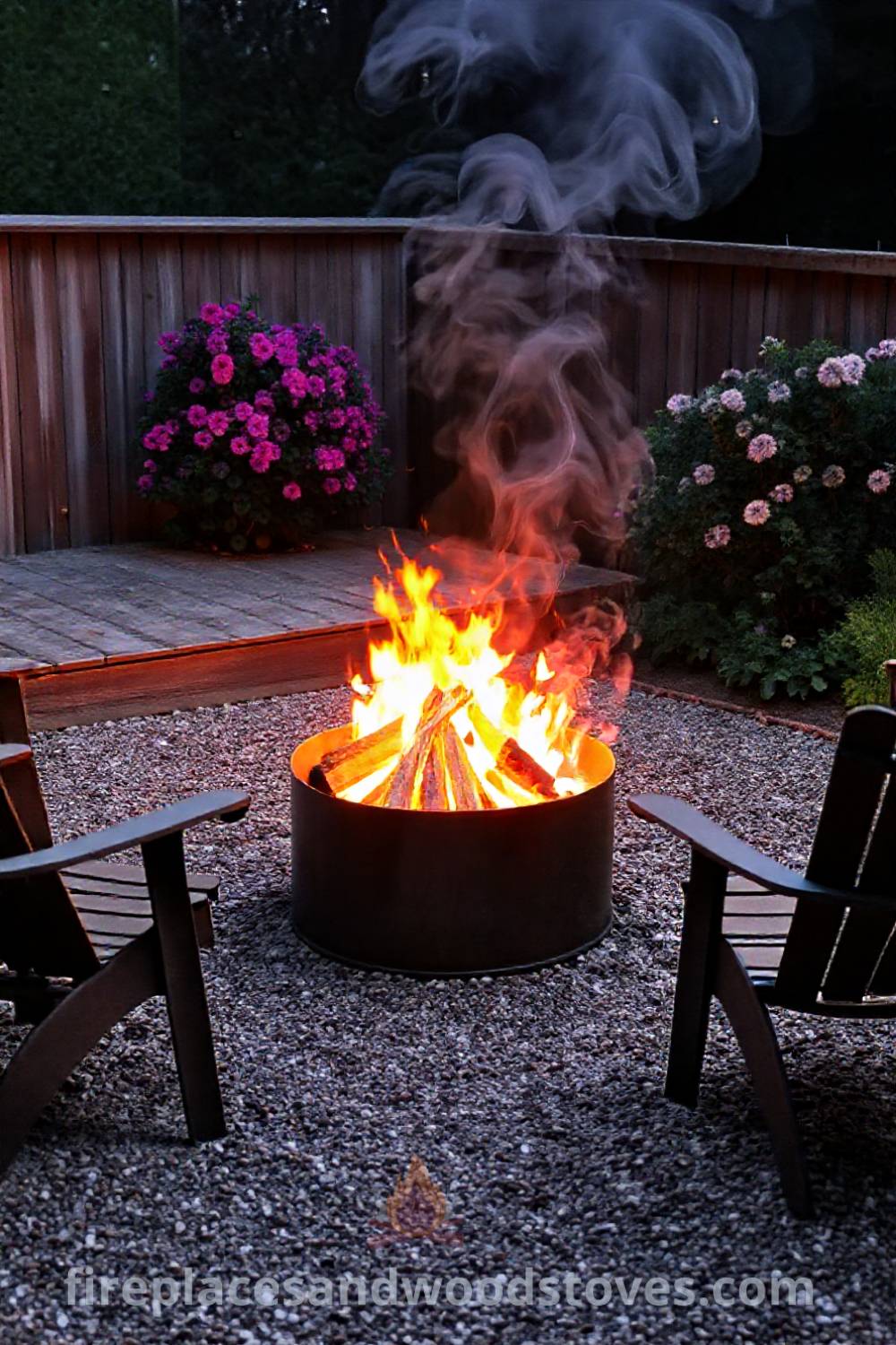 A cozy backyard scene featuring a sturdy metal fire pit surrounded by lounge chairs and flowering bushes, illuminated by flickering flames, creating a warm and inviting atmosphere for gatherings. Visit patioandhomefurniture.com for stylish outdoor design ideas that will wow your guests.