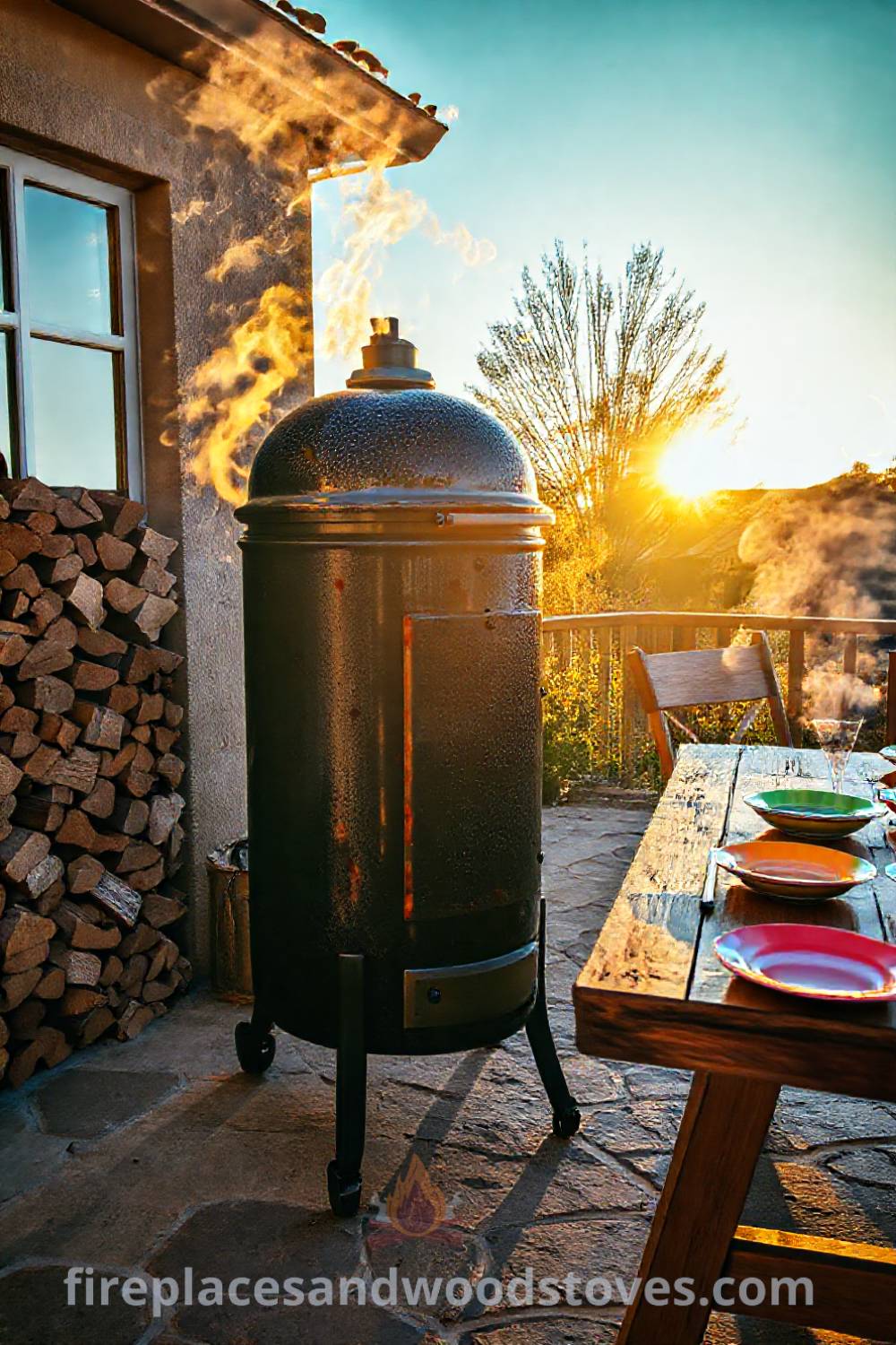 Outdoor scene featuring an elegant barbecue smoker on a sun-drenched patio, surrounded by firewood, colorful table settings, and warm sunset light, creating a cozy and inviting atmosphere for gatherings. Visit patioandhomefurniture.com for incredible ideas that will wow your guests.