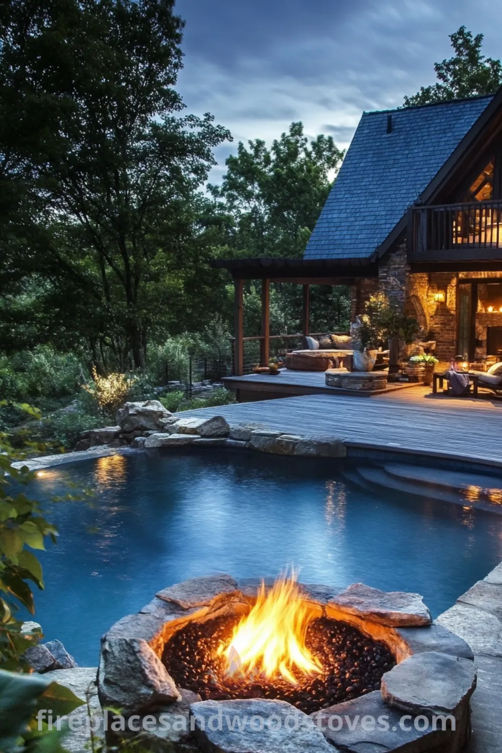 Backyard pool oasis on fireplacesandwoodstoves.com, showcasing an inground pool, fire pit area, and cozy design ideas for creating a warm outdoor entertainment space.