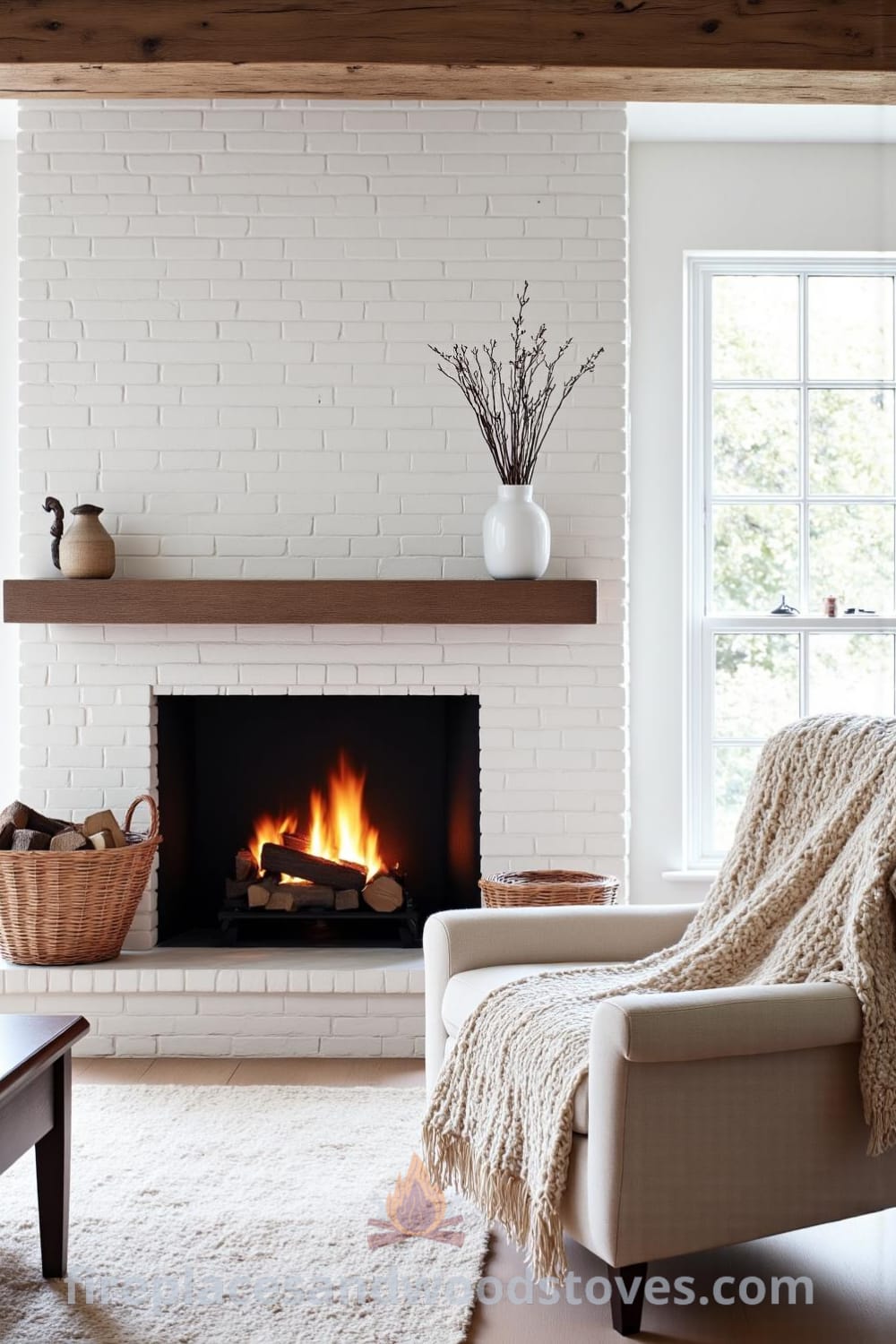 Scandinavian whitewashed fireplace anchoring a cozy living room with flickering flames illuminating textured bricks, rustic wooden beams, and inviting decor ideas like a chunky knit throw and a woven basket for firewood, perfect for a warm and inviting home. For more inspiration, visit fireplacesandwoodstoves.com.