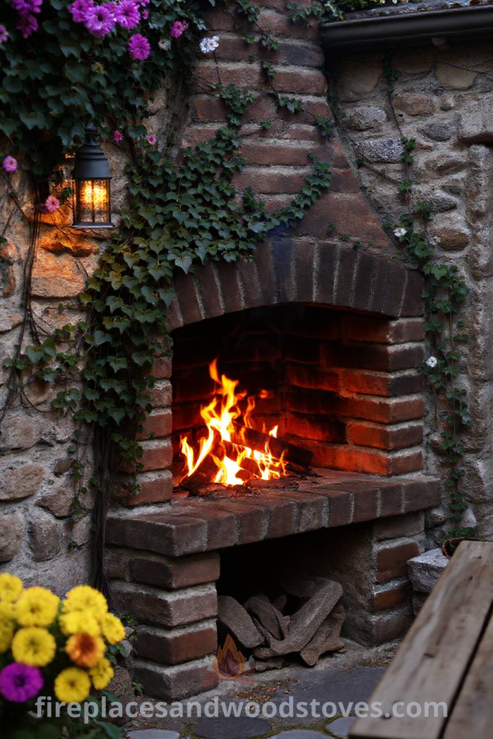 Rustic fireplace BBQ in a quaint backyard with weathered stone walls and creeping vines, creating a cozy atmosphere perfect for gatherings. Visit patioandhomefurniture.com for incredible ideas that will wow your guests and inspire your outdoor design.