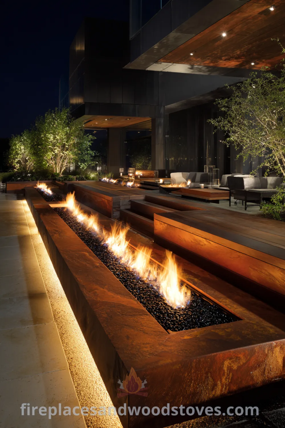 Bespoke modern luxury fire pit with sleek design, premium fire glass, hidden controls, and exotic wood accents.