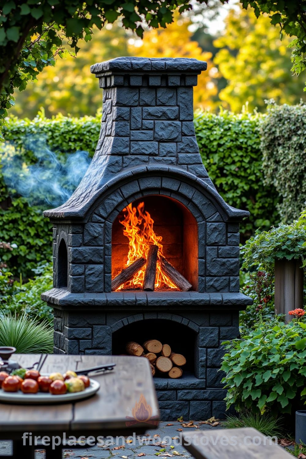 Gothic stone outdoor barbecue in a lush garden surrounded by green foliage, with crackling fire illuminating intricate stonework and a weathered wooden table scattered with grilling utensils, offering cozy home decor ideas and inspirations for your outdoor space at fireplacesandwoodstoves.com.