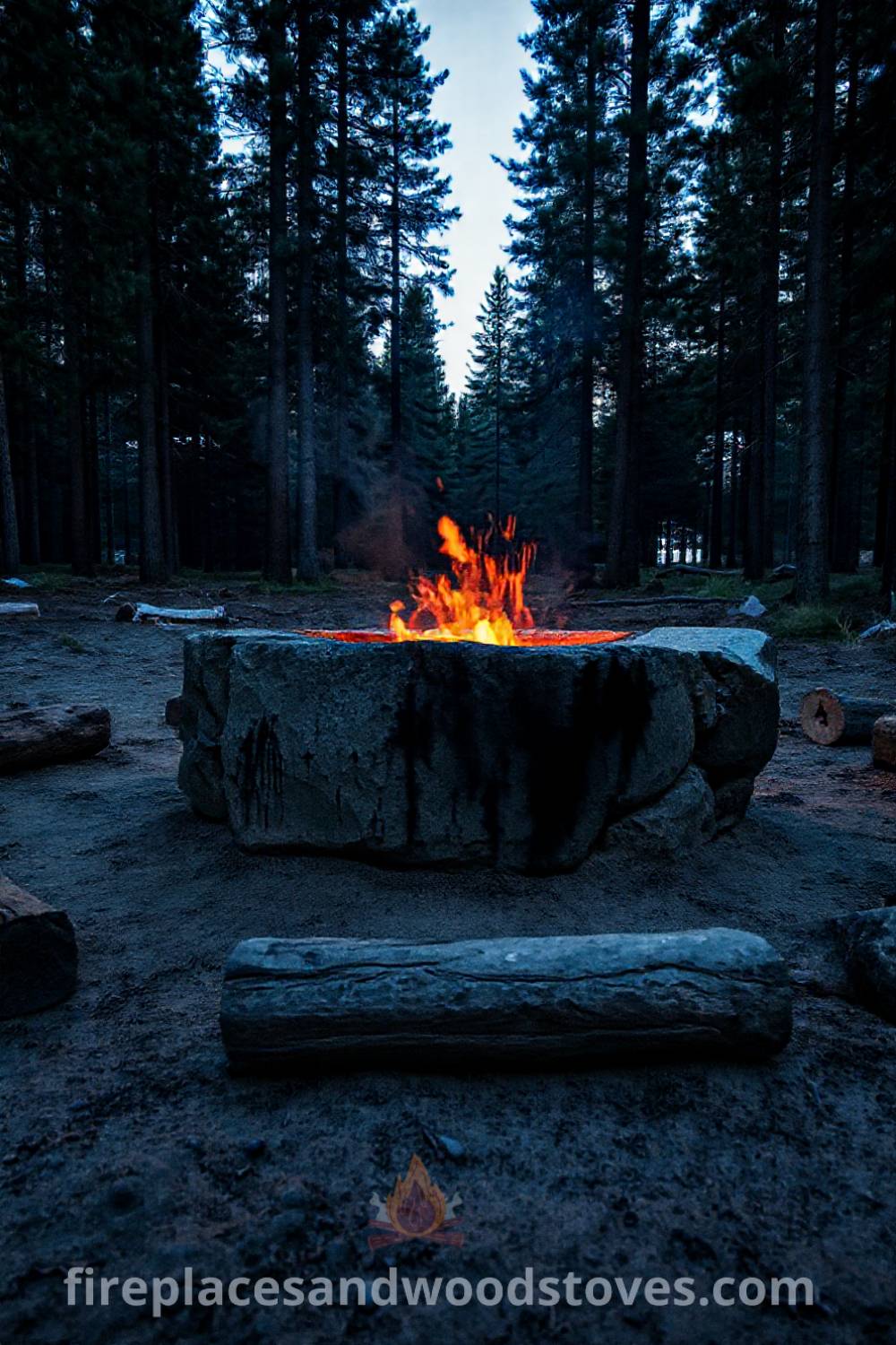 Rugged stone camping fire pit in a clearing surrounded by tall pines, with warm flames flickering and scattered logs for seating, creating a cozy and inviting outdoor atmosphere perfect for gatherings. Visit patioandhomefurniture.com for stylish outdoor ideas that will wow your guests.