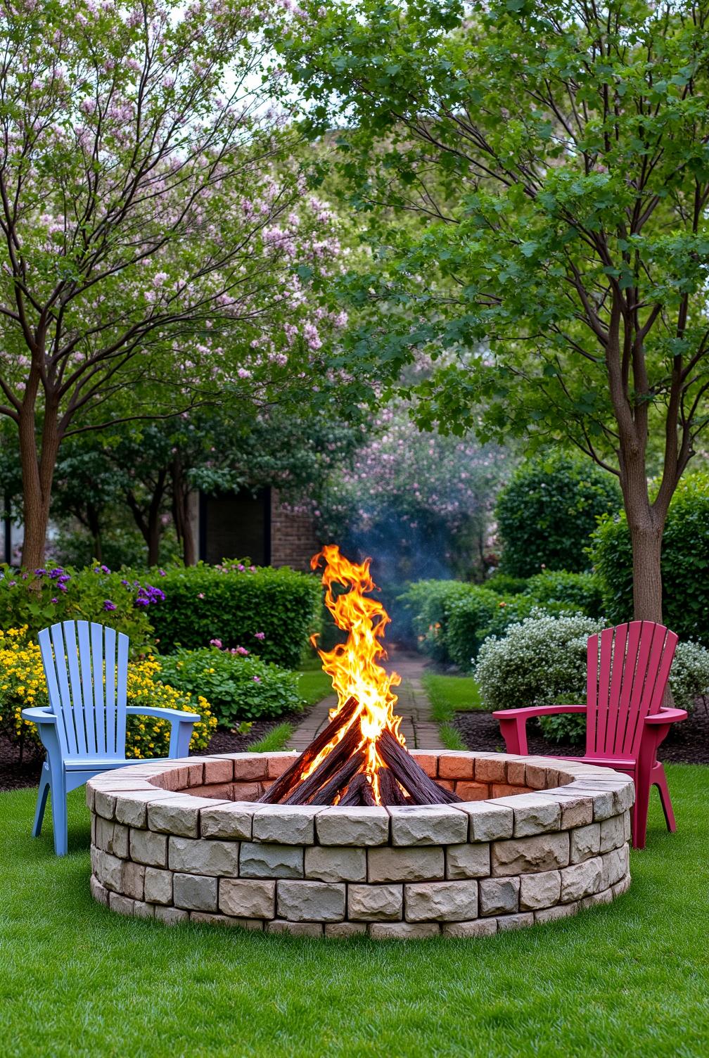 Cozy fire pit nestled in a lush garden filled with blossoming flowers, featuring mismatched chairs and glowing flames that create an inviting atmosphere for evening gatherings, offering unique ideas for your home at fireplacesandwoodstoves.com.