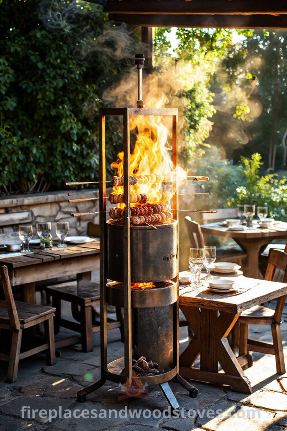 Outdoor rustic patio featuring a spit BBQ, weathered wooden tables, and greenery, creating a cozy and inviting atmosphere perfect for feasts and gatherings. Visit patioandhomefurniture.com for incredible design ideas that will wow your guests.