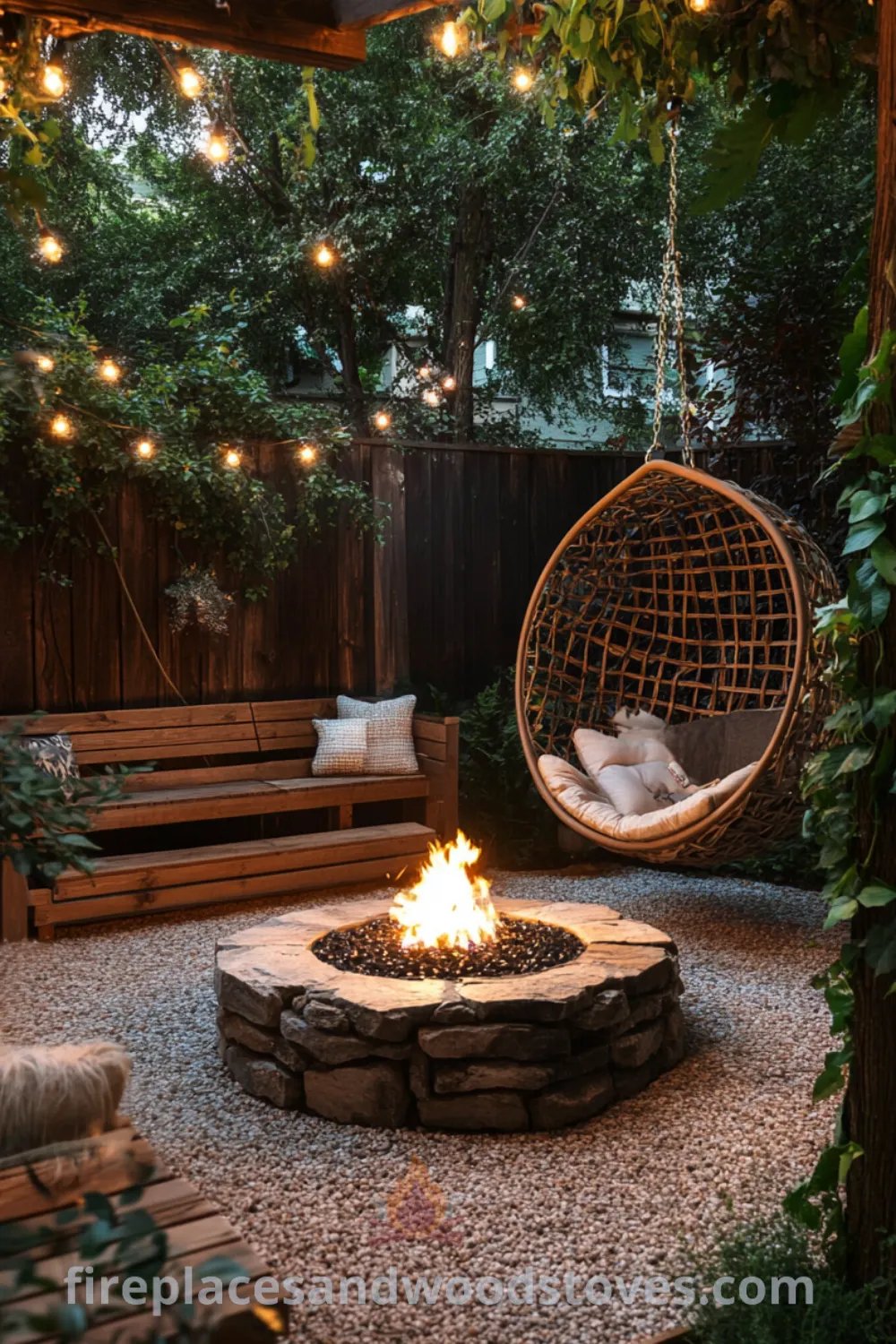 Cozy backyard fire pit area on fireplacesandwoodstoves.com, showcasing outdoor fire pit seating, creative backyard landscaping, and inspiring design ideas for your outdoor hangout area.