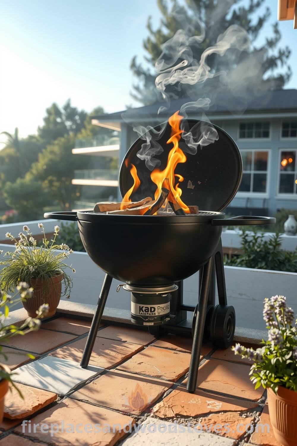 Sturdy barbecue on a sun-drenched patio with flames flickering, surrounded by uneven patio stones and charming potted herbs, creating an inviting outdoor space for al fresco dining, perfect for gatherings and cozy moments. Visit fireplacesandwoodstoves.com for more cozy ideas and design inspirations.
