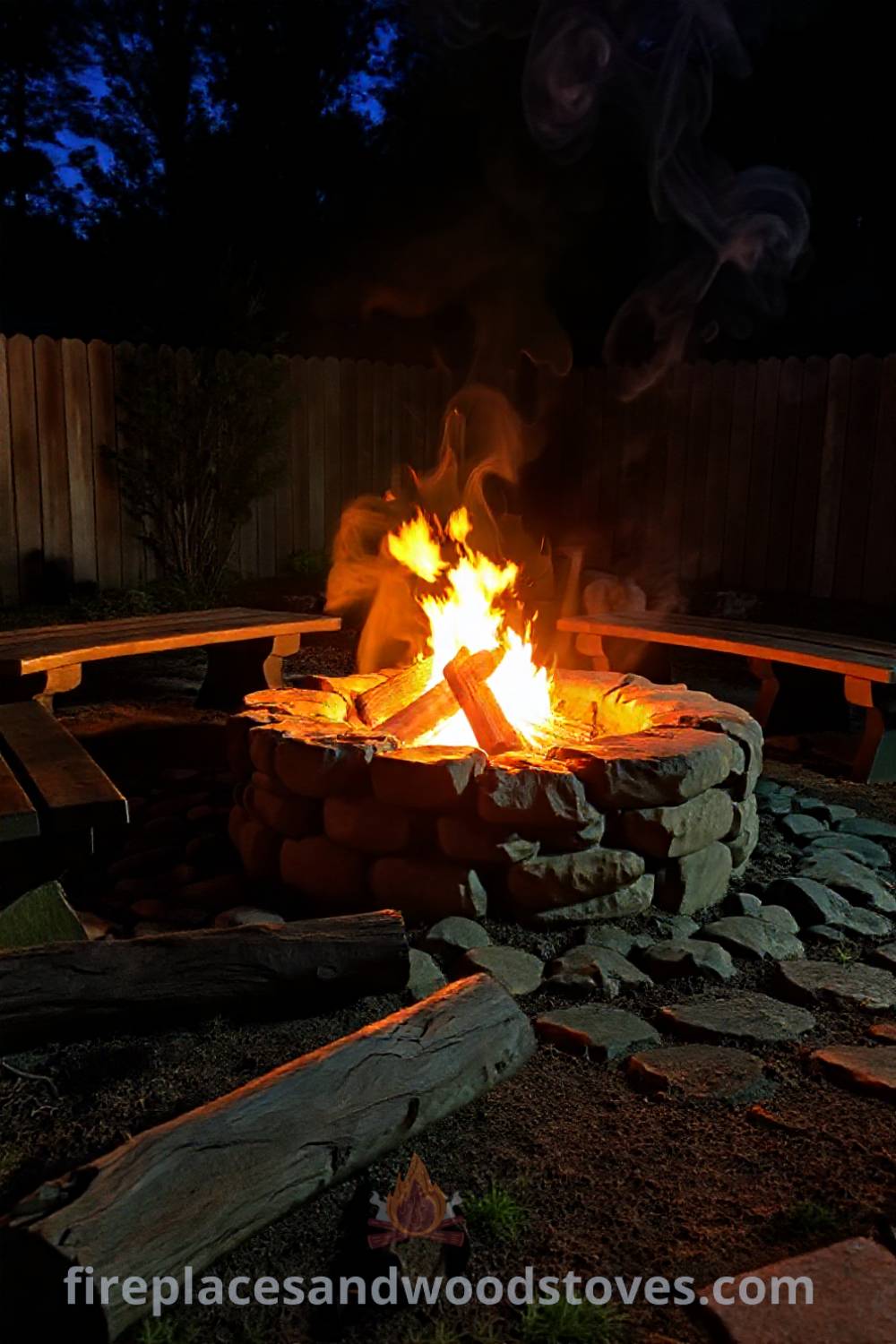 Rustic stone fire pit surrounded by wooden benches in a cozy backyard setting, perfect for evening gatherings. Visit patioandhomefurniture.com for stylish ideas that will wow your guests and transform your outdoor space.