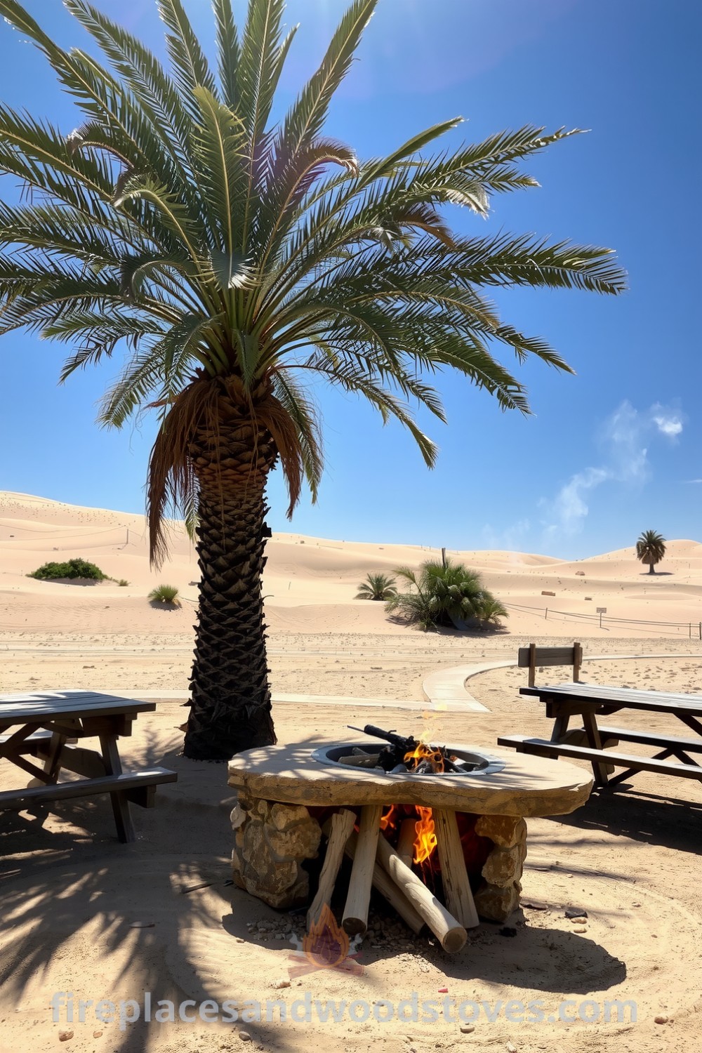 Sandstone barbecue nestled under a palm tree in a sun-soaked desert, surrounded by picnic benches, crackling fire, and swirling smoke, creating a cozy oasis. Visit fireplacesandwoodstoves.com for inspiring decor ideas and unique designs for your home.