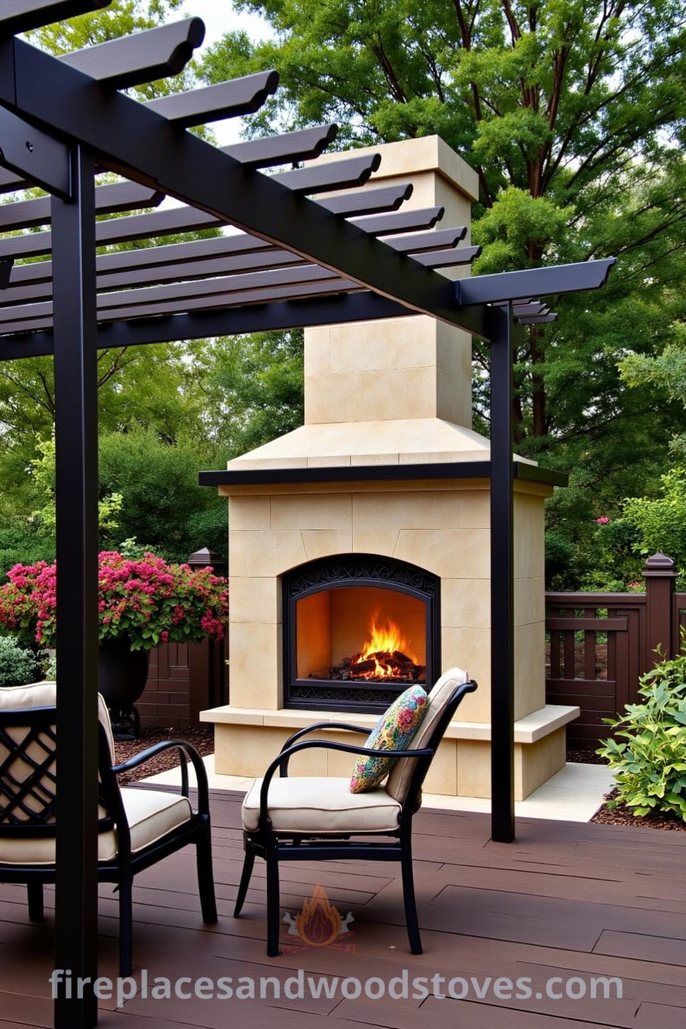 Outdoor patio featuring a pergola-integrated fireplace surrounded by greenery, with warm flames casting intricate shadows on a weathered wooden deck, inviting conversation in a cozy atmosphere. For more cozy ideas, visit fireplacesandwoodstoves.com.