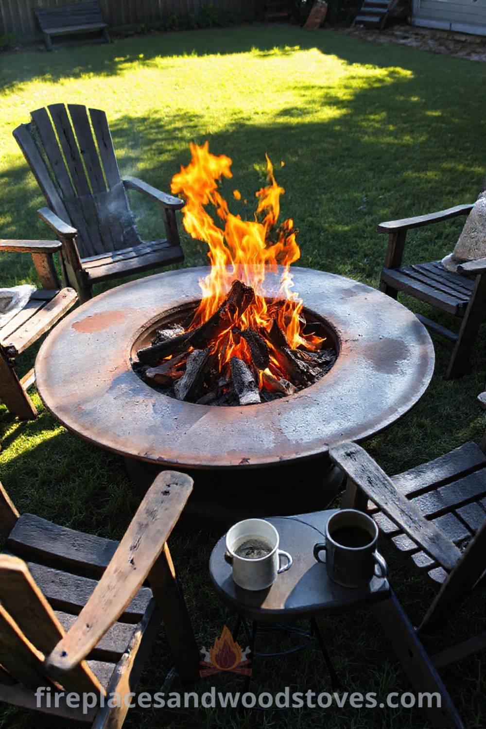 Metal charcoal-burning fire pit in a grassy yard surrounded by mismatched wooden chairs and small tables with mugs and snacks, creating a cozy atmosphere for outdoor gatherings. Visit patioandhomefurniture.com for stylish ideas that will wow your guests.