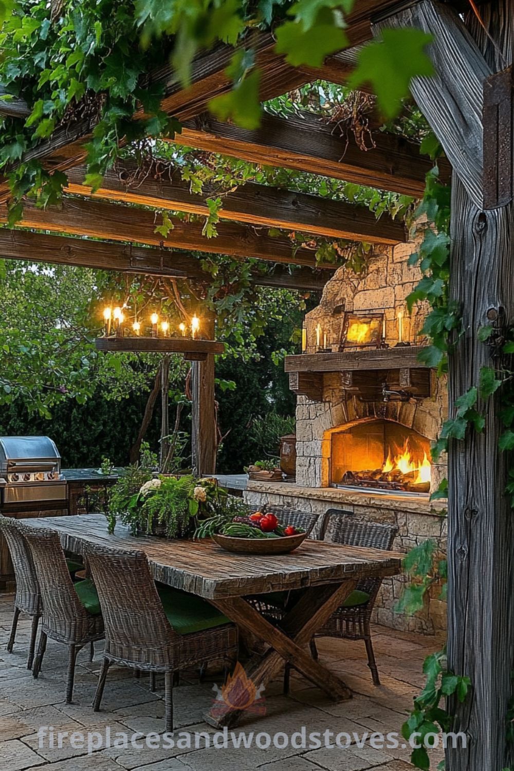 Cozy covered patio kitchen on fireplacesandwoodstoves.com, featuring a rustic design with a grilling area, outdoor dining options, and unique ideas for modern outdoor living and garden kitchens.