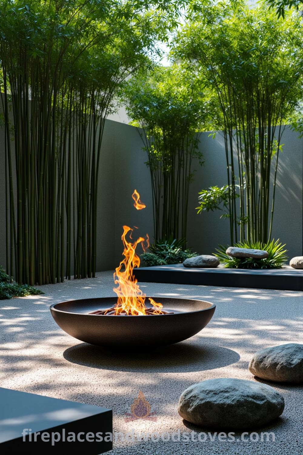 Japanese Zen outdoor fireplace in a tranquil garden setting featuring bamboo stalks, river stones, and flickering flames, offering cozy ideas and decor inspirations for serene outdoor retreats. Visit fireplacesandwoodstoves.com for unique ideas and design inspirations for your home.