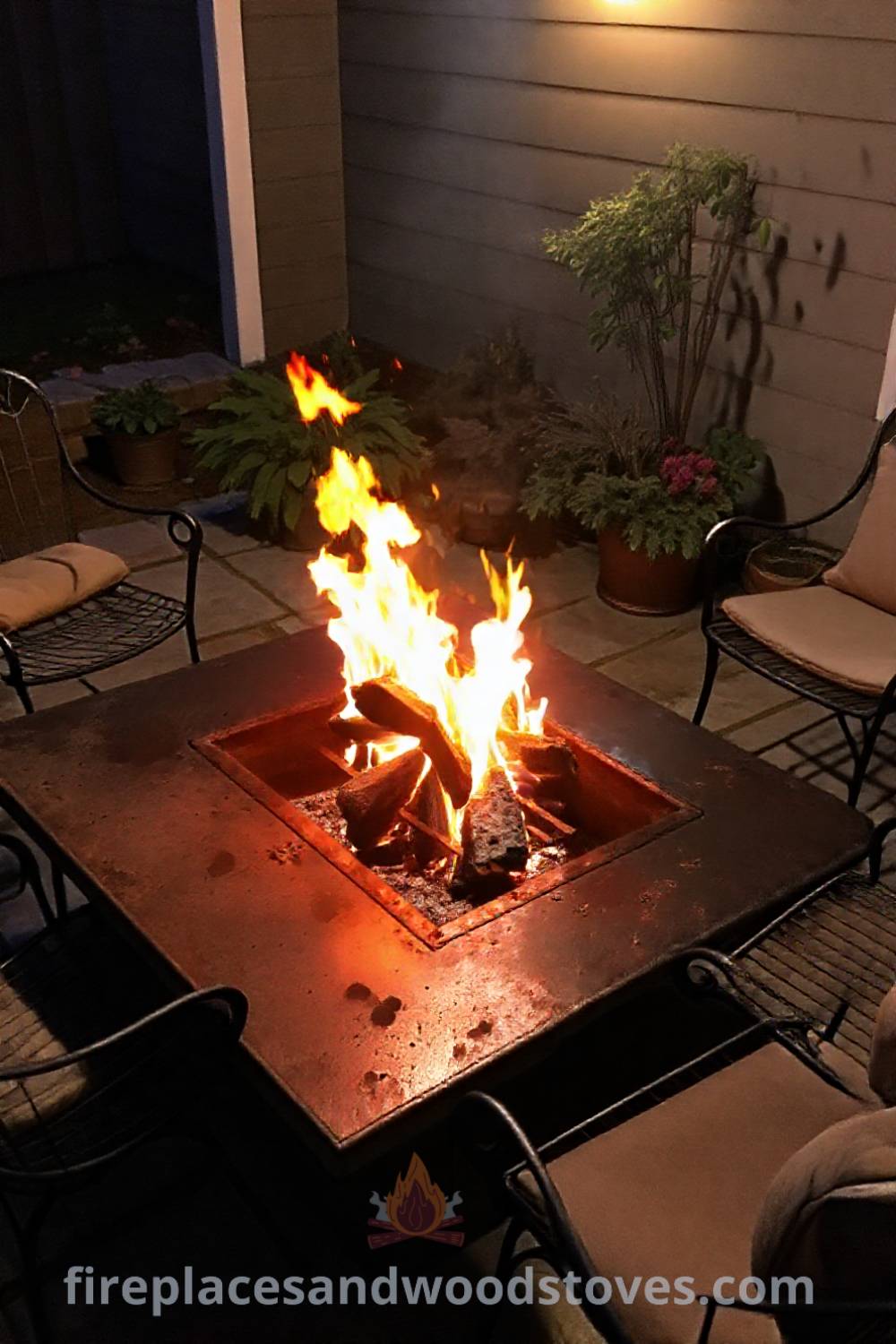 Robust wood-burning metal fire pit nestled on a stone patio surrounded by wire furniture, inviting warmth and comfort for gatherings under the evening sky. Visit patioandhomefurniture.com for creative ideas that will wow your guests and transform your backyard into a cozy paradise.