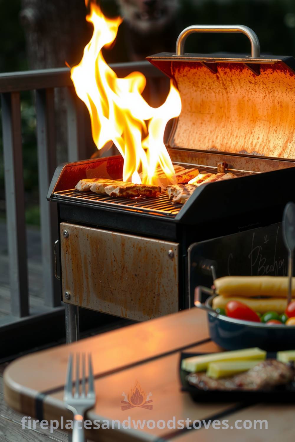 Cozy barbecue grill on a wooden deck with flickering flames, charred spots, and marinated vegetables nearby, creating an inviting atmosphere for outdoor gatherings, perfect inspiration for your home at fireplacesandwoodstoves.com.
