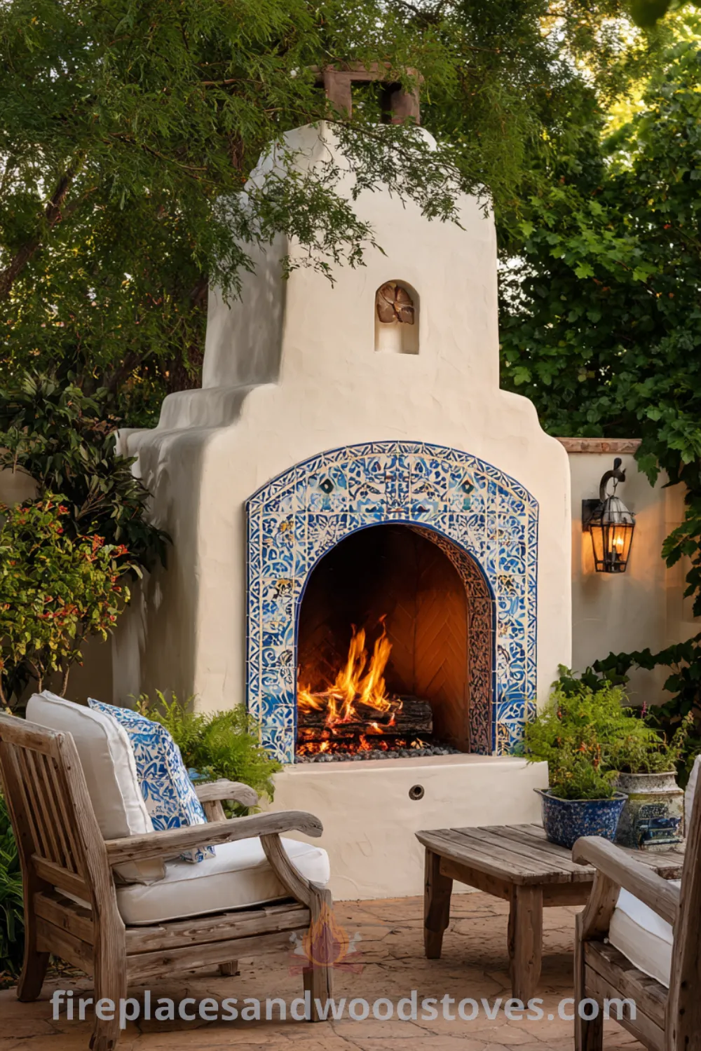 Cozy Mediterranean rustic outdoor fireplace with blue ceramic tiles, rustic outdoor furniture, and inviting warmth perfect for gatherings.