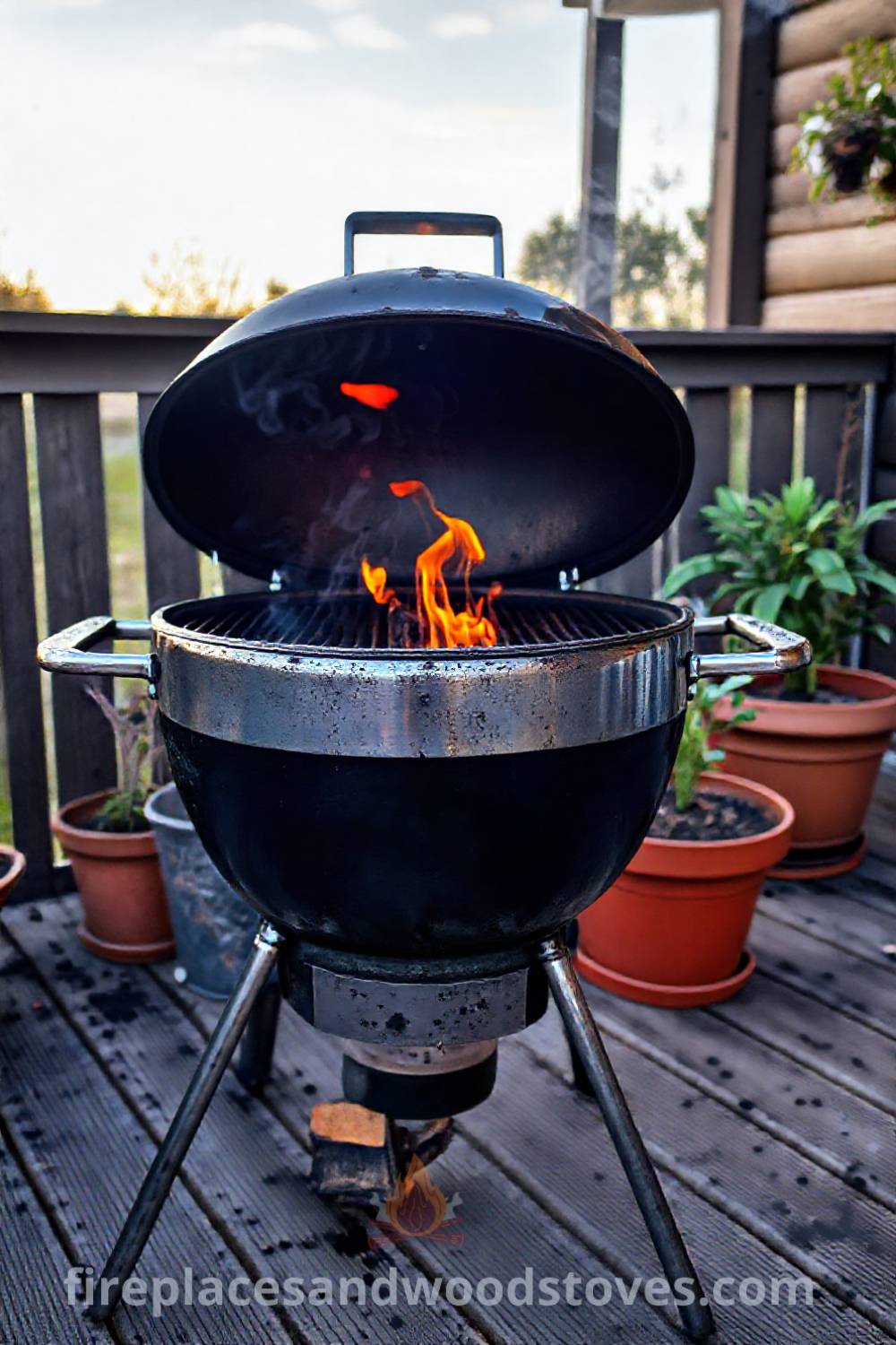 Charcoal grill on a weathered wooden deck under the open sky, with flickering flames, potted plants, and hints of past cookouts, creating a cozy atmosphere for barbecues and gatherings. Visit patioandhomefurniture.com for stylish outdoor design ideas.