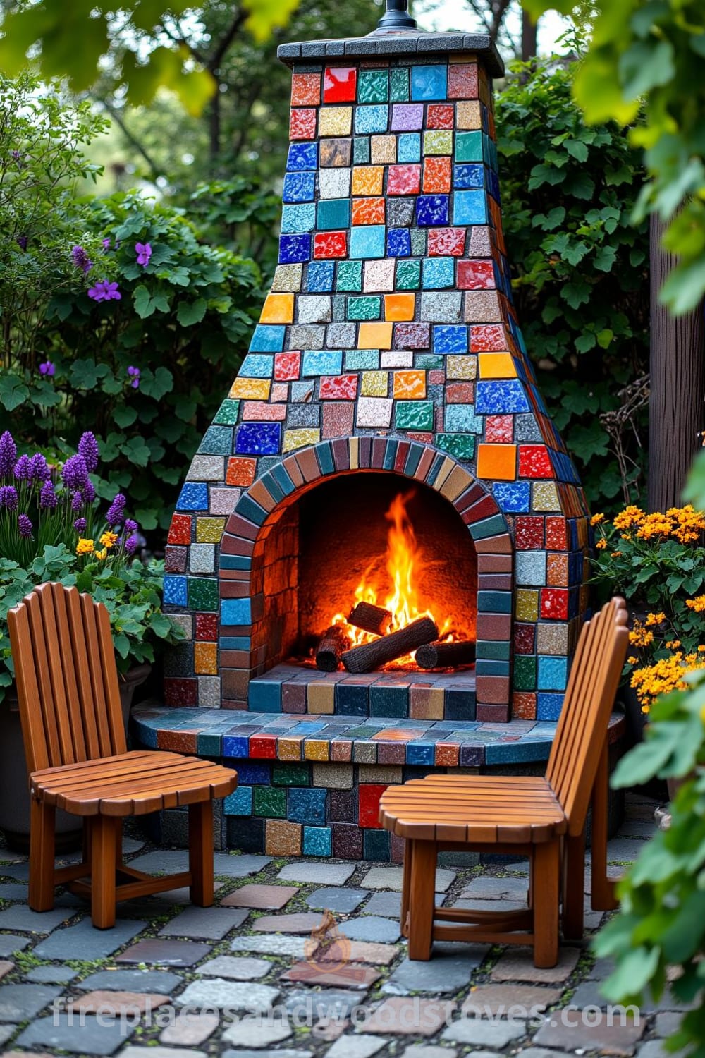 Bohemian outdoor fireplace with vibrant mosaic tiles surrounded by wildflowers and mismatched wooden chairs, creating a cozy gathering space for evenings under the stars. Visit fireplacesandwoodstoves.com for unique ideas and inspirations for your home.