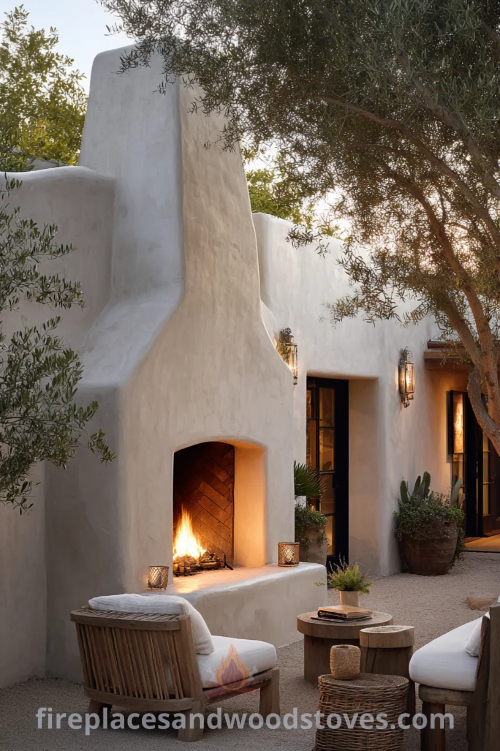 A inviting Mediterranean rustic outdoor fireplace surrounded by olive trees and rustic outdoor furniture, featuring a cozy atmosphere and charming design elements.
