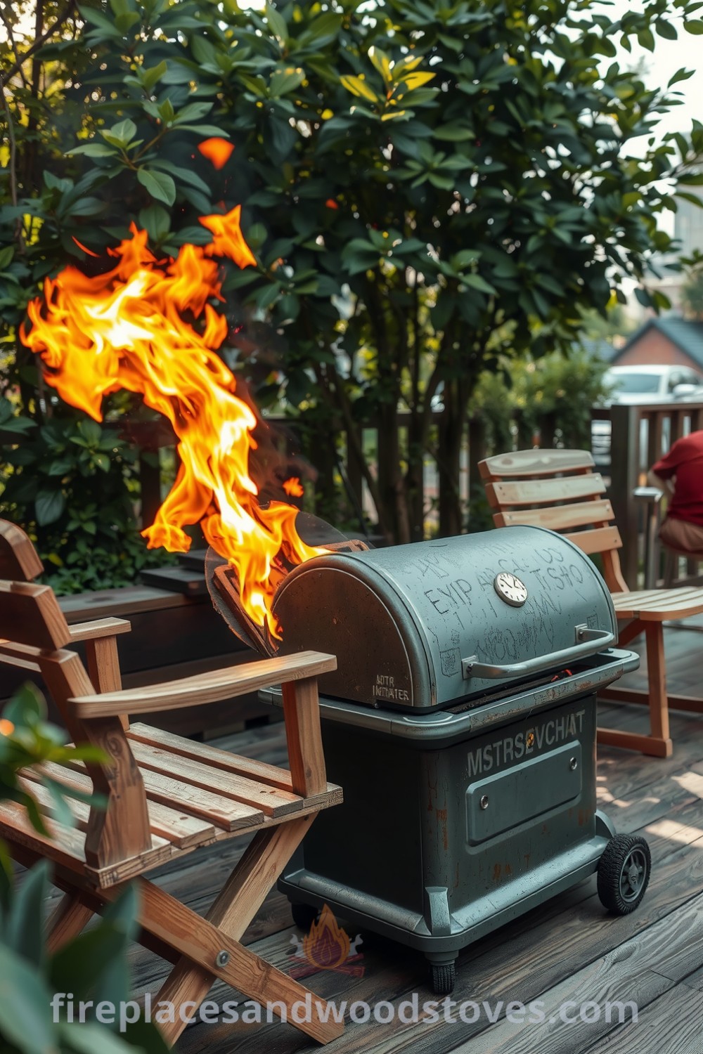 Industrial steel outdoor barbecue on a reclaimed wood deck, featuring flames dancing on grill grates, surrounded by mismatched wooden chairs, creating a cozy atmoshpere for gathering with friends. Discover unique design ideas for your home at fireplacesandwoodstoves.com.