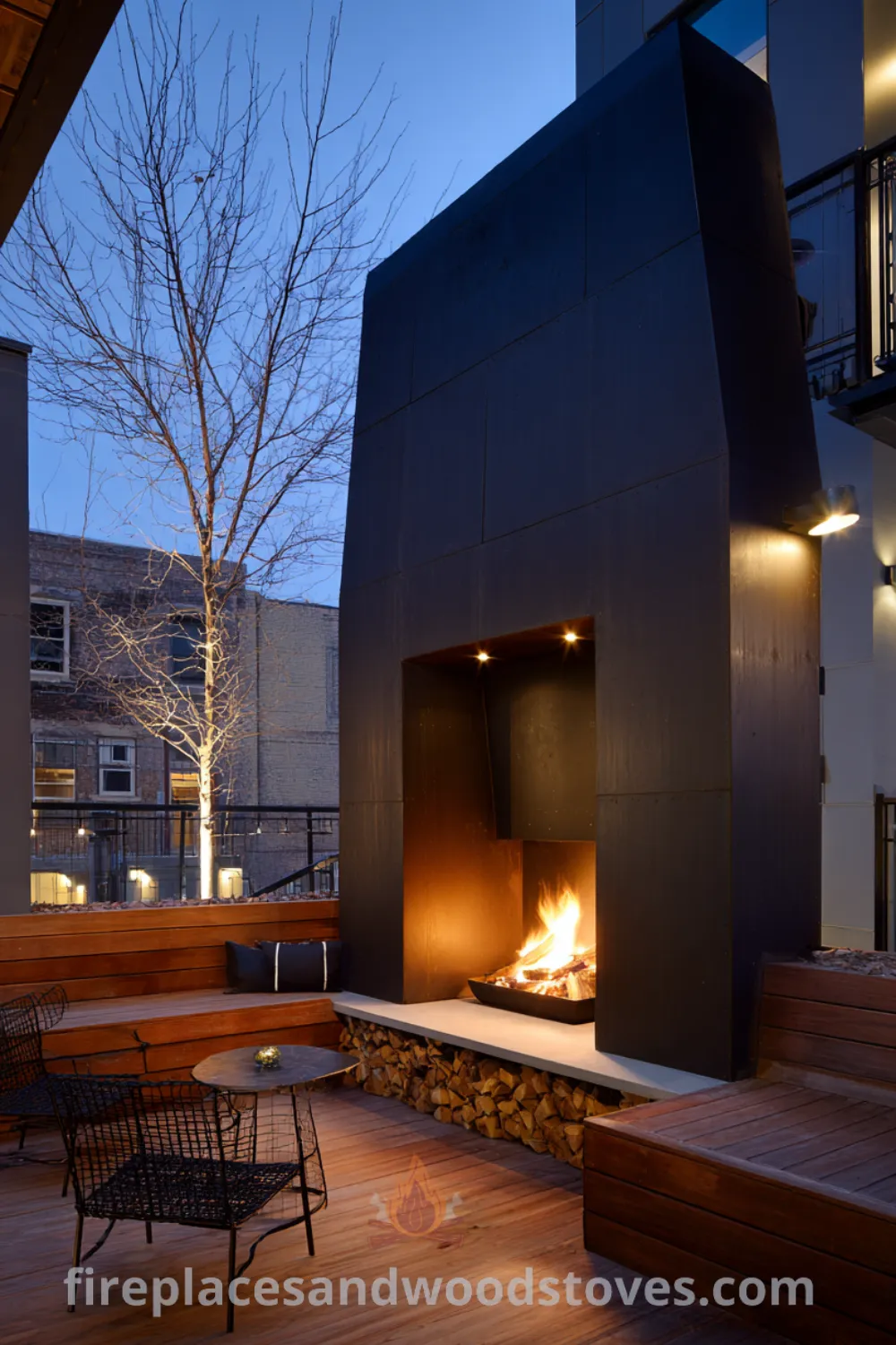 Sleek outdoor fireplace on wooden deck, modern minimalist outdoor fireplace, built-in wood storage fireplace, serene environment fireplace.
