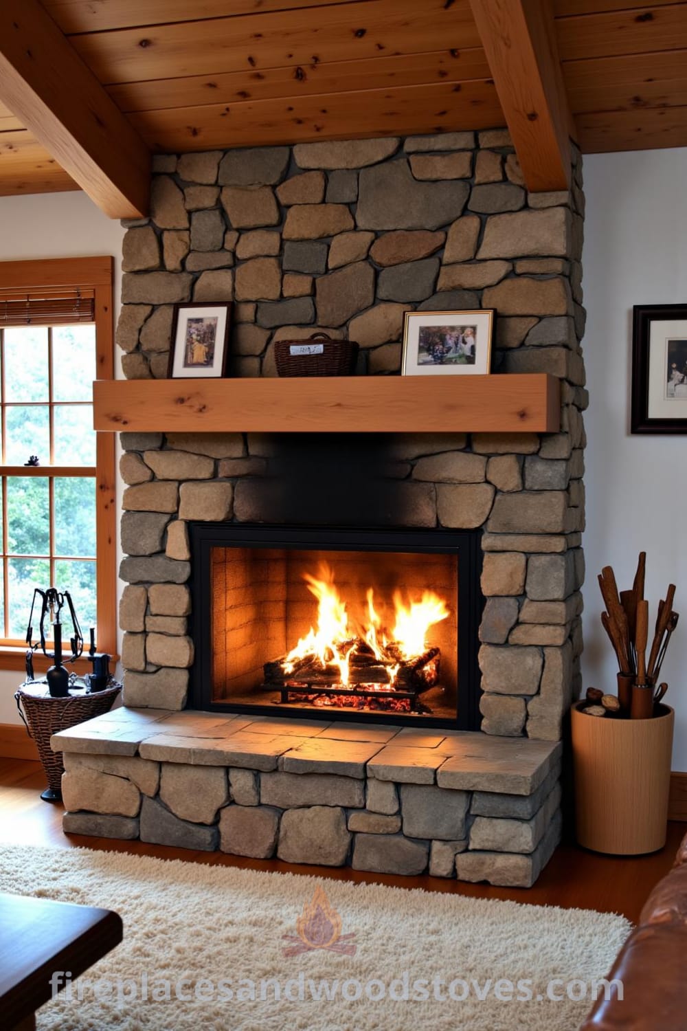 Cozy stone fireplace in a warm living room, featuring flickering firelight, rough-hewn stone, and wooden beams overhead, surrounded by a plush rug and framed family photos, creating a comforting and inviting decor that inspires unique ideas for your home at fireplacesandwoodstoves.com.
