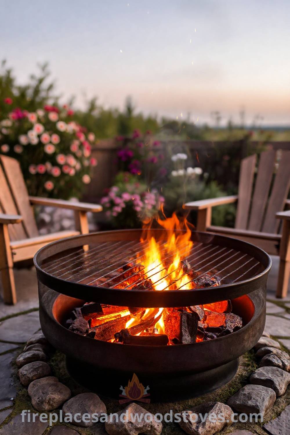 Heavy-duty metal fire pit on a stone patio surrounded by natural greenery and blooming flowers, creating a cozy outdoor retreat with a warm ambiance, perfect for gatherings. Visit patioandhomefurniture.com for stylish designs transforming your backyard.