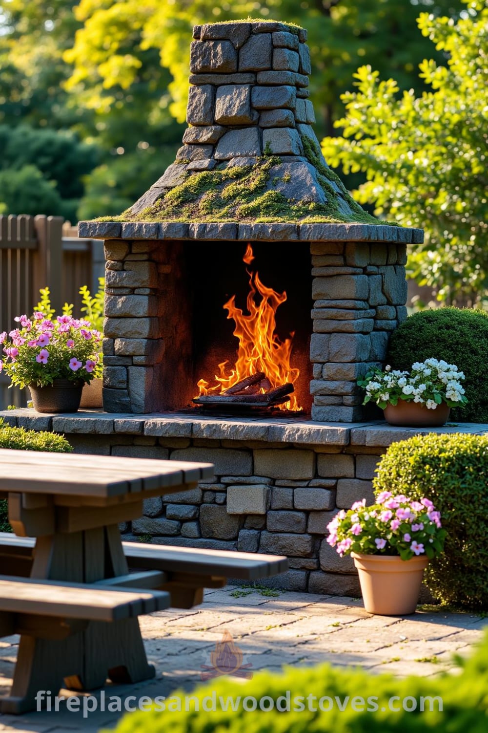 Rustic outdoor barbecue made of unevenly stacked stones with patches of moss, surrounded by flowering shrubs in a sunlit backyard; flames flicker from the wood-fired grill, creating a warm glow and a charming atmosphere for gatherings, featured on fireplacesandwoodstoves.com.