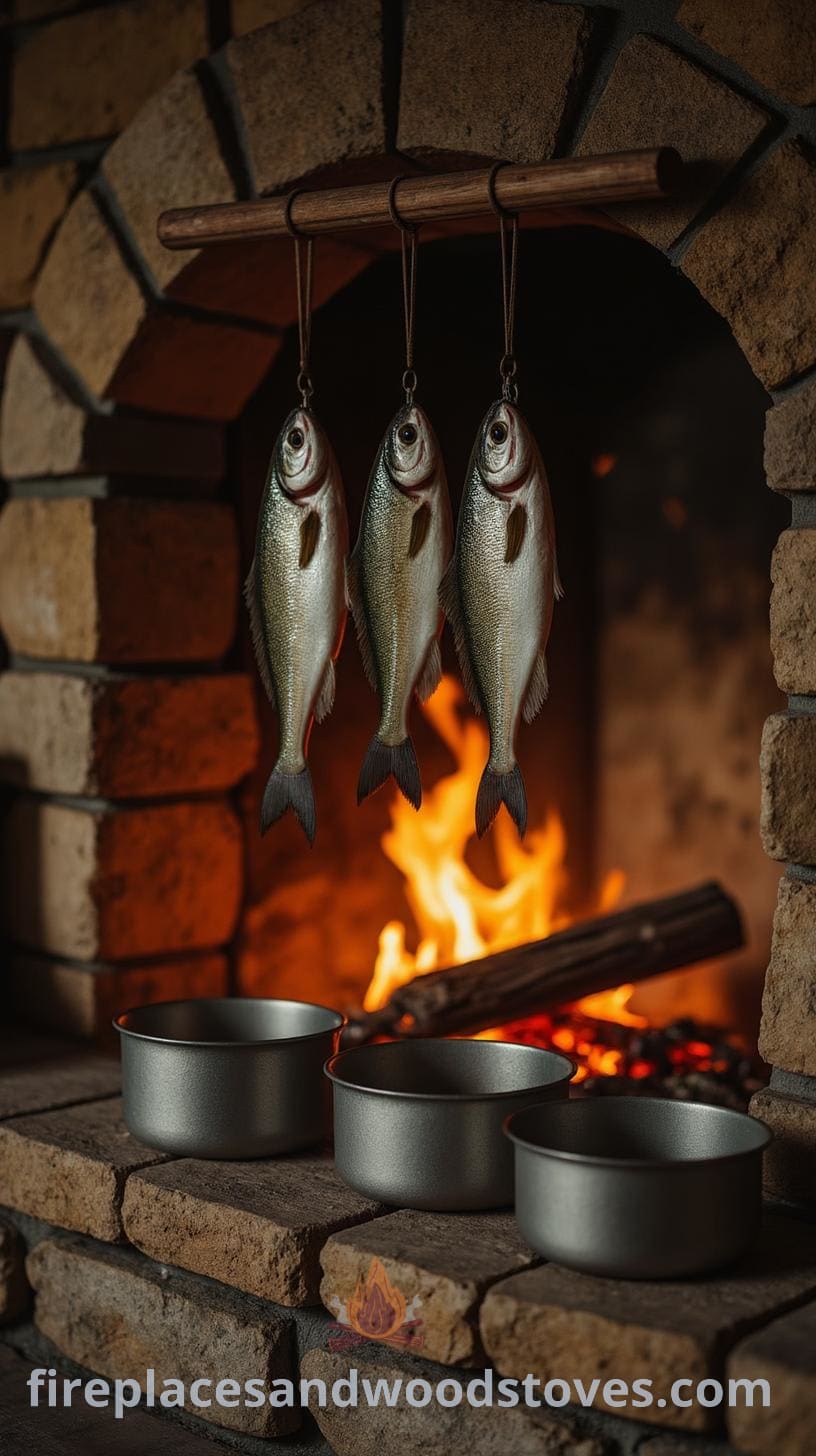 A rustic kitchen fireplace featuring fish hanging over an open flame, pots and pans on a stone surface, surrounded by warm wood and stone accents.
