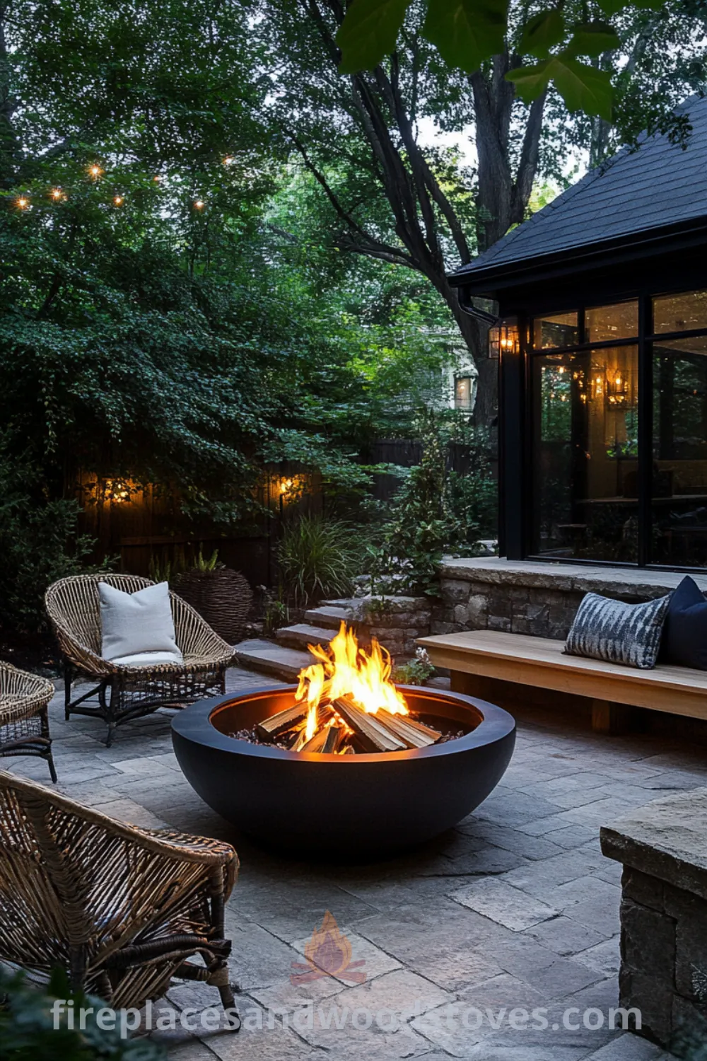 Outdoor fire pit area on fireplacesandwoodstoves.com, showcasing a fire pit with sunken seating, cozy decor ideas, and inviting backyard designs for relaxation and outdoor living.