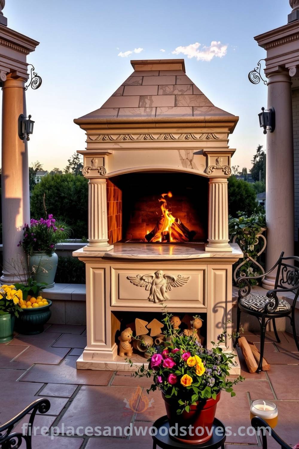 Neoclassical outdoor barbecue on a polished stone patio with elegant marble columns, flickering flames, potted herbs, and vibrant flowers, creating a charming gathering space for shared meals at fireplacesandwoodstoves.com.