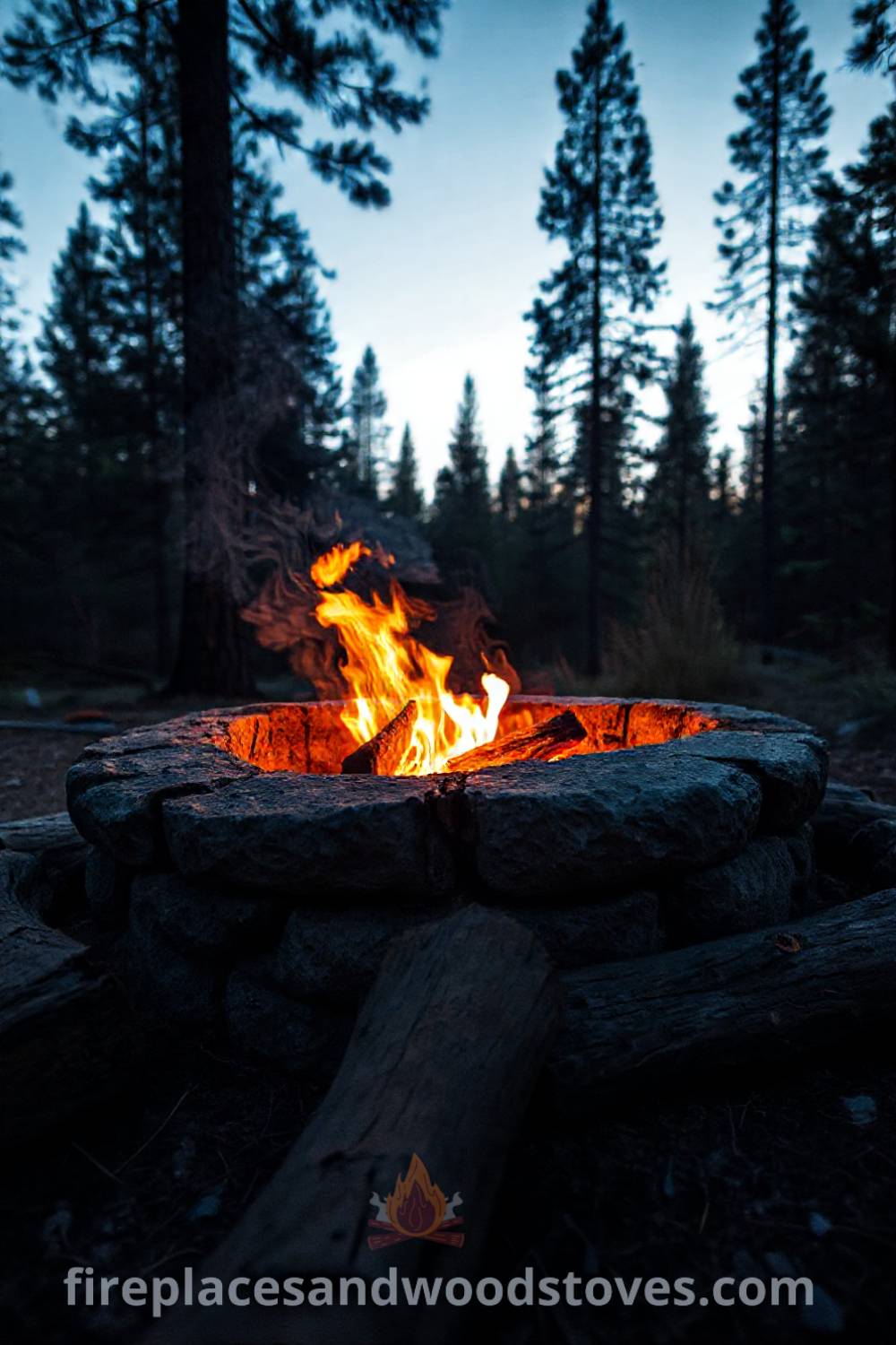 Stone camping fire pit surrounded by tall pines, with flickering flames and a ring of weathered logs for seating, creating a cozy outdoor atmosphere perfect for gatherings and storytelling. Visit patioandhomefurniture.com for incredible ideas that will wow your guests.