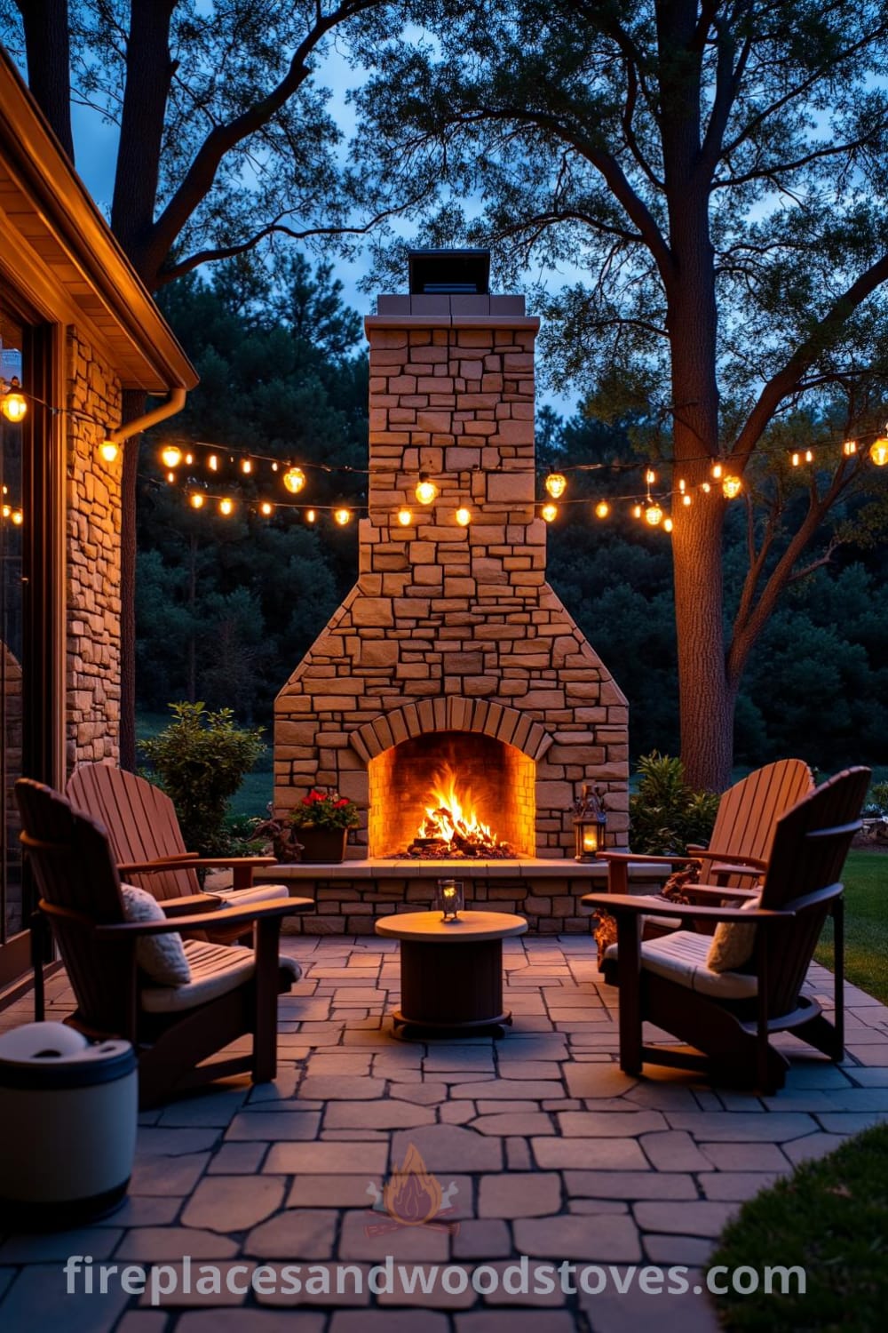 Rustic outdoor stone fireplace on a cozy patio, surrounded by worn flagstone, inviting weathered chairs, twinkling string lights, and a warm fire creating an inviting atmosphere, ideal for gatherings and relaxation. Visit fireplacesandwoodstoves.com for inspiring decor ideas.
