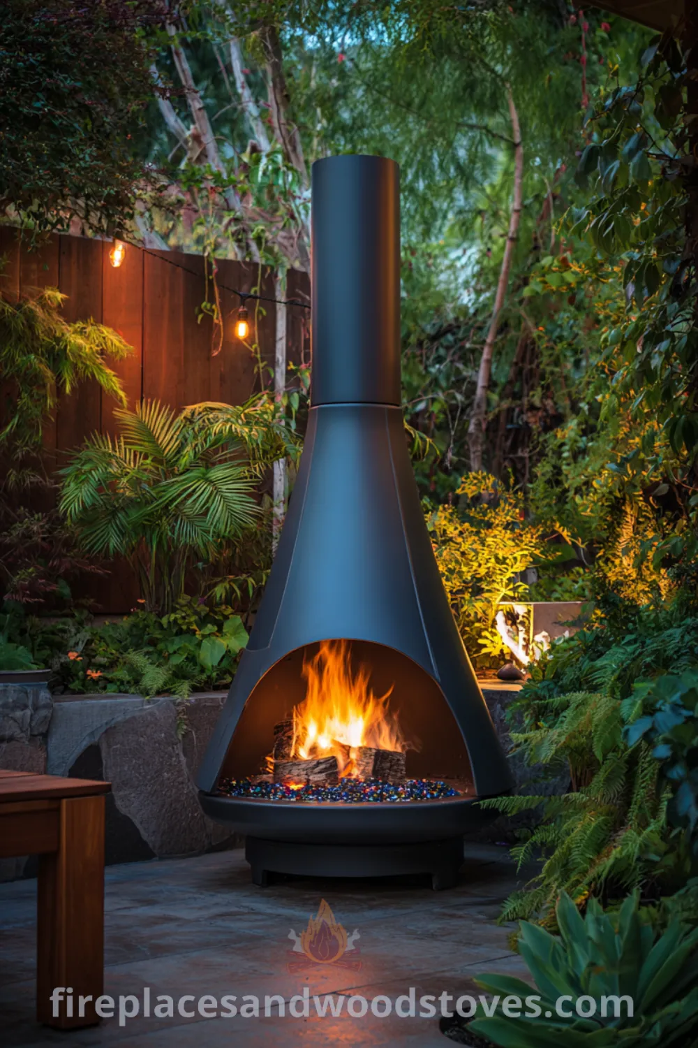 Outdoor mid century modern corner fireplace with black steel, polished concrete hearth, and warm retro glow in landscaped backyard.