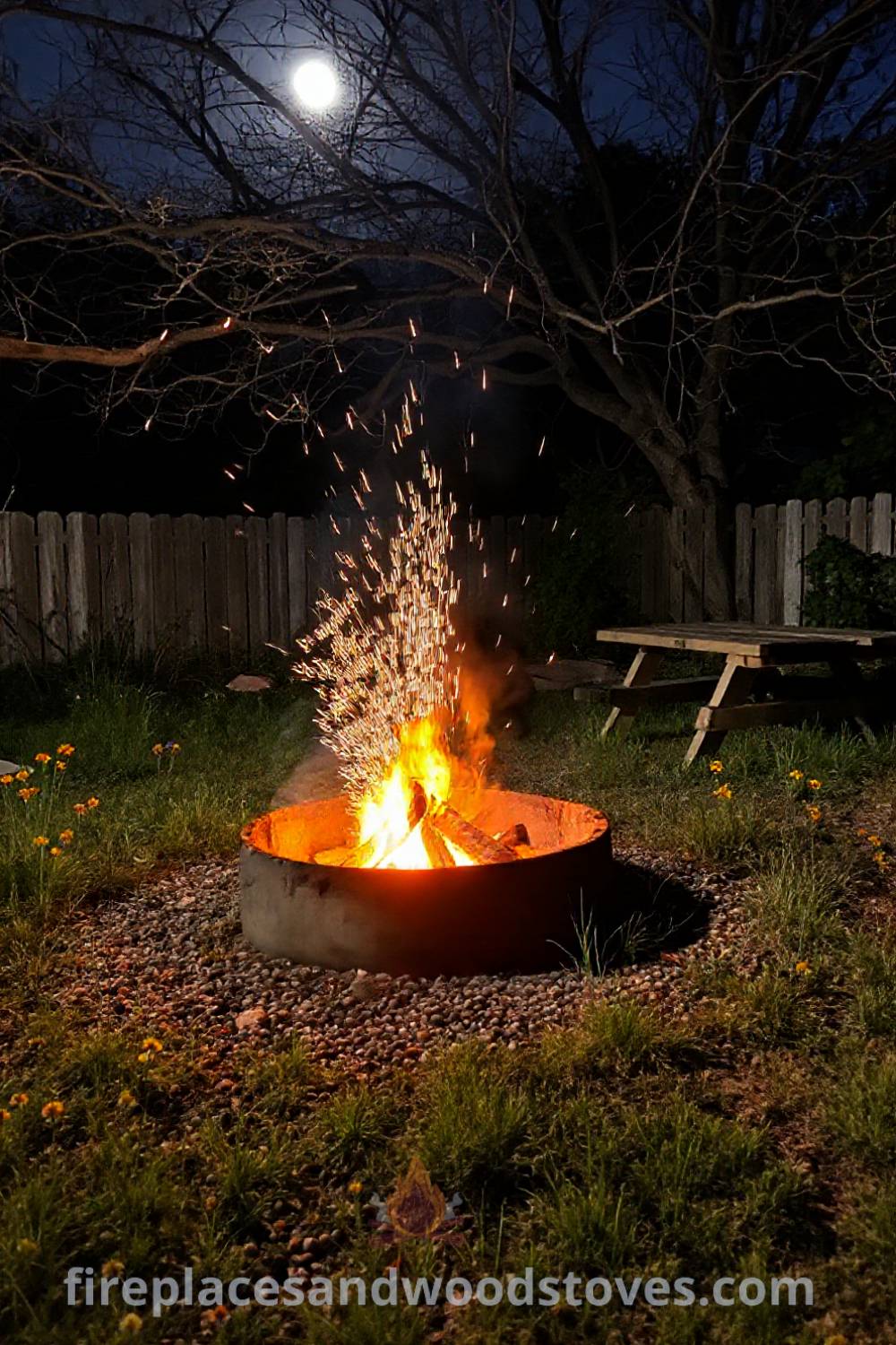 Rustic charcoal camping fire pit in a gravelly backyard, surrounded by wildflowers and grass, with friends enjoying the cozy atmosphere. The image showcases ideas that will wow your guests, perfect for your outdoor space. Visit patioandhomefurniture.com for stylish backyard designs.