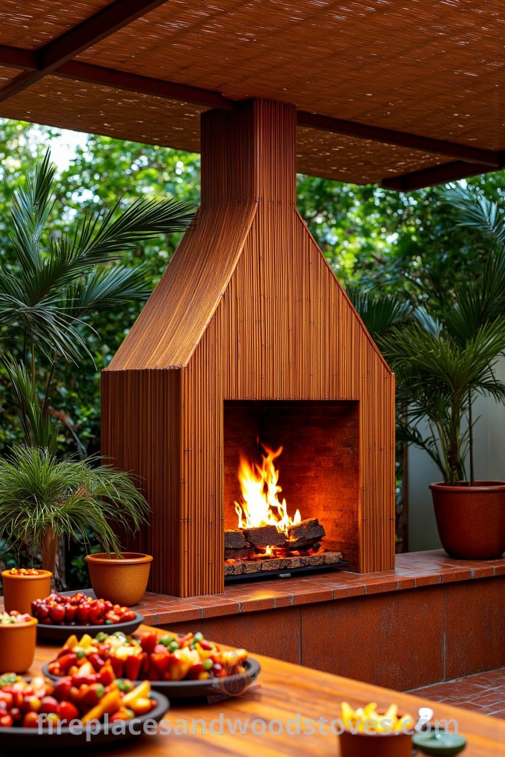 Tropical bamboo barbecue fireplace on a cozy patio surrounded by lush greenery, with terracotta tiles, flickering flames, and potted palm trees creating a serene atmosphere. This design inspires unique ideas for your home from fireplacesandwoodstoves.com.
