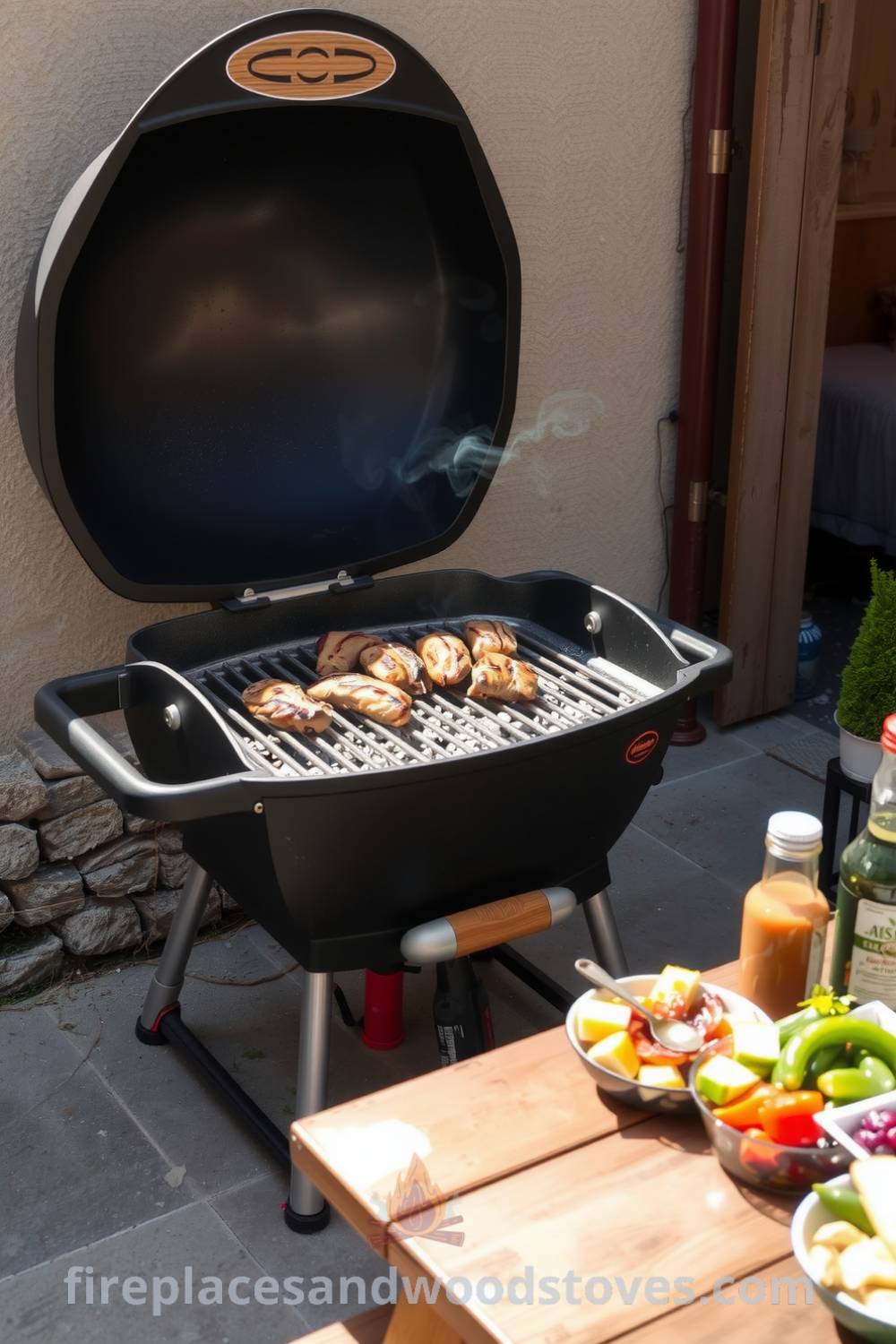 Charcoal barbecue on a rustic patio with flames cooking meat, surrounded by a picnic table filled with colorful condiments and side dishes, showcasing cozy outdoor decor ideas, perfect for gatherings, at fireplacesandwoodstoves.com.