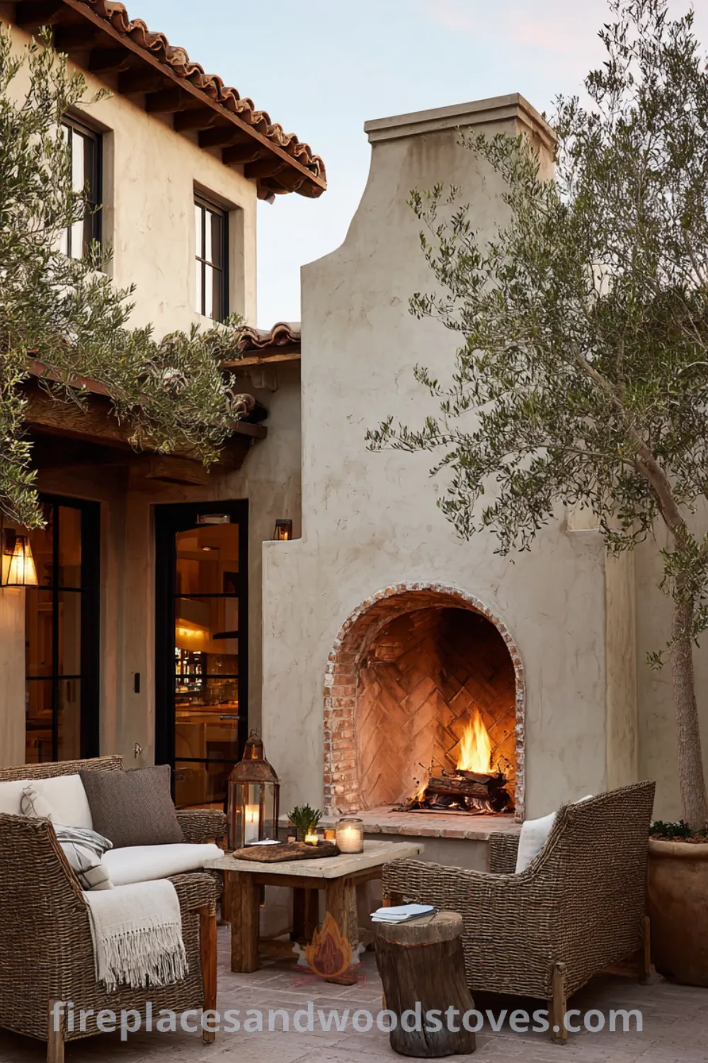 Rustic outdoor fireplace with stucco finish, terracotta roof, and olive trees nearby, featuring a cozy outdoor evenings vibe and countryside outdoor fireplace design.