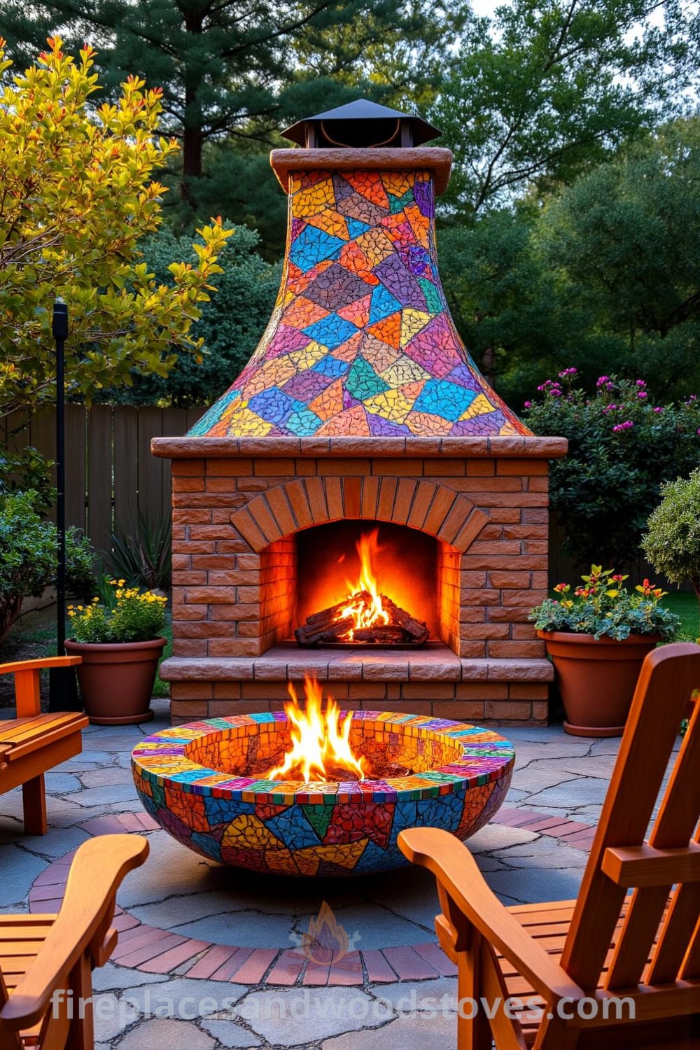 Bohemian mosaic firepit on a sun-drenched patio with colorful tiles, surrounded by mismatched chairs and potted plants, creating an inviting space for gatherings and inspiring ideas for your home. Visit fireplacesandwoodstoves.com for unique decor inspirations.