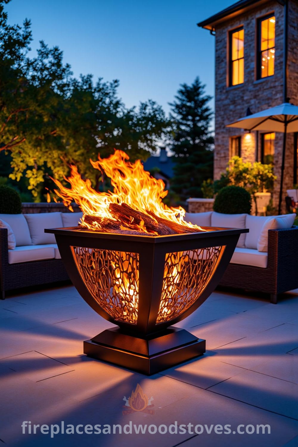 Art Deco fire pit at the center of a chic outdoor lounge area, featuring polished geometric metals reflecting flames, surrounded by comfortable seating and lush potted plants, ideal for cozy gatherings, inspiring decor ideas for your home. Visit fireplacesandwoodstoves.com for unique ideas.