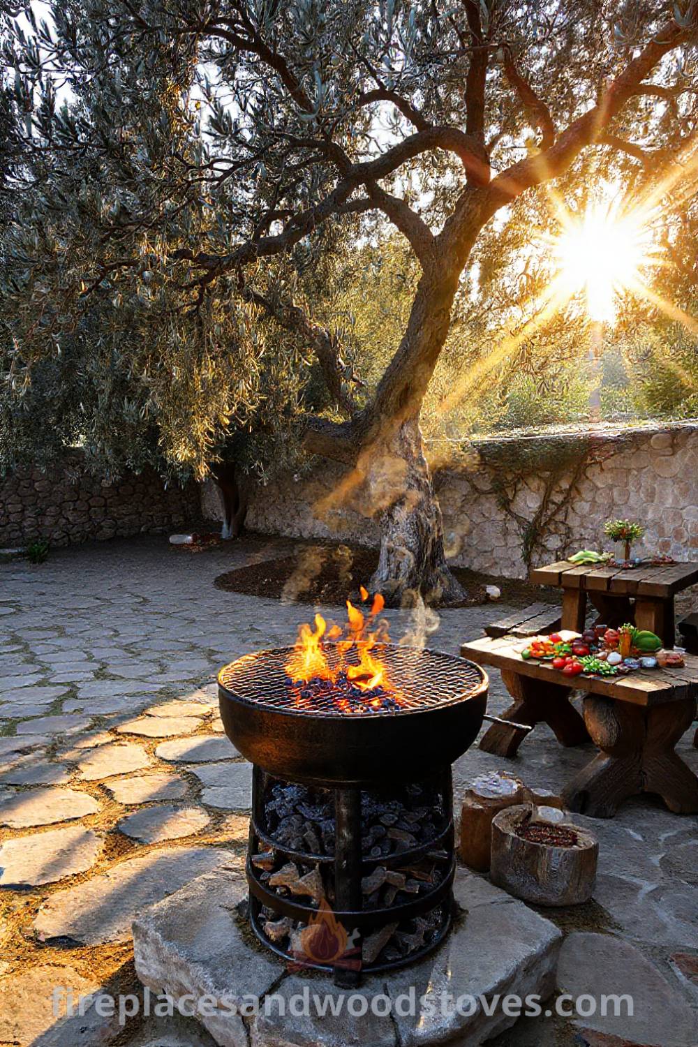 Traditional Turkish mangal barbecue on a stone patio under an olive tree with rustic wooden tables, fresh vegetables, and glowing charcoal, creating a cozy outdoor gathering space. Visit patioandhomefurniture.com for incredible ideas that will wow your guests.