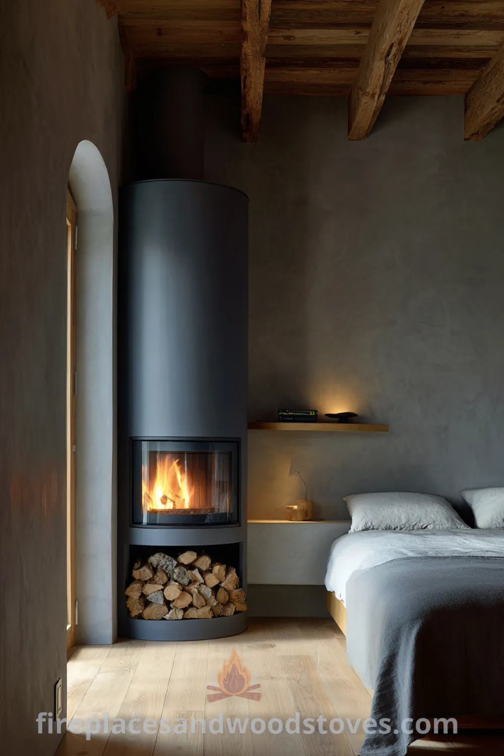 Cozy bedroom with a cylindrical stove, untreated wooden floorboards, and a rustic scandi fireplace, showcasing serene nordic ambiance, minimalist natural fireplace, and calming bedroom fire elements.