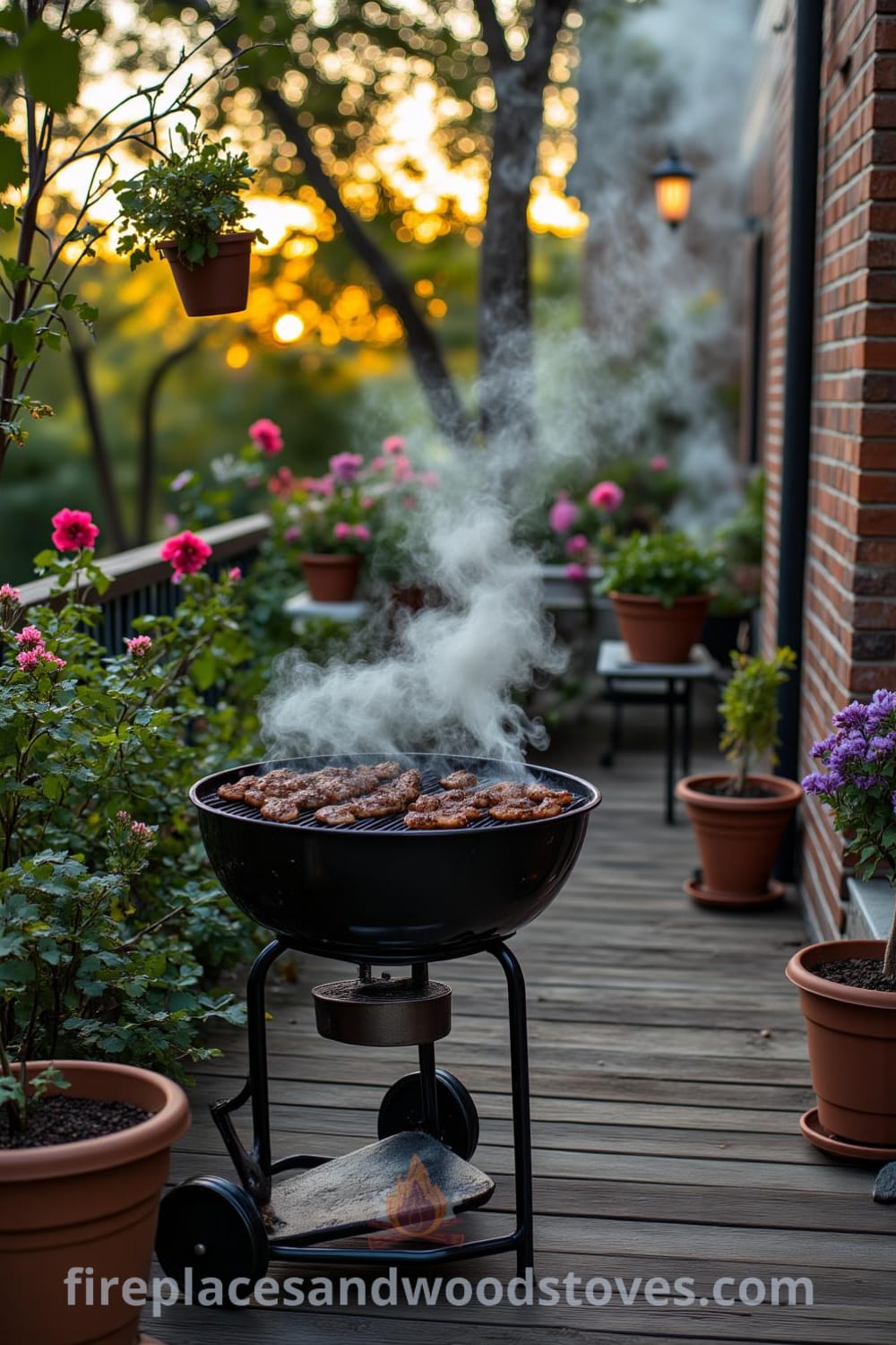 A cozy barbecue setup on a rustic wooden deck surrounded by potted plants, featuring a worn grill reflecting sunlight and smoke rising, inviting gatherings and sizzling food, perfect for unique decor ideas at fireplacesandwoodstoves.com.
