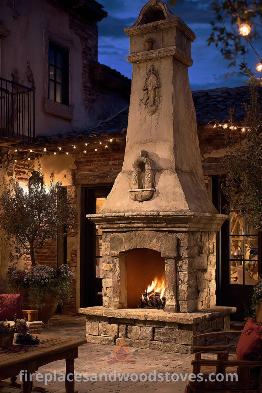 A Tuscan outdoor fireplace with rustic stone and aged stucco, surrounded by cozy outdoor furniture for charming gatherings, rustic stone fireplace outdoor, patio outdoor fireplace, inviting warmth outdoor.