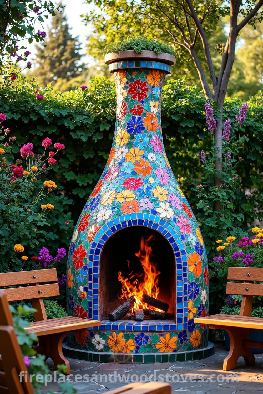 Bohemian mosaic fireplace in a lush garden setting showcasing colorful tiles, flickering flames, wildflowers, and rustic wooden benches, creating a cozy atmosphere ideal for outdoor gatherings. For more cozy ideas and inspirations visit fireplacesandwoodstoves.com.