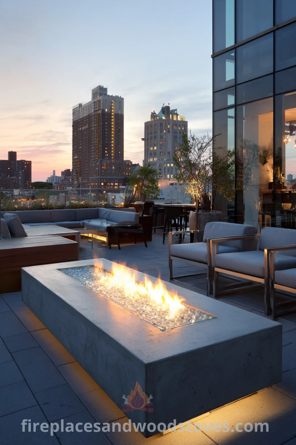 Modern minimalist fire pit with clear glass pebbles, understated lounge chairs, and dusk ambiance in an urban rooftop lounge.